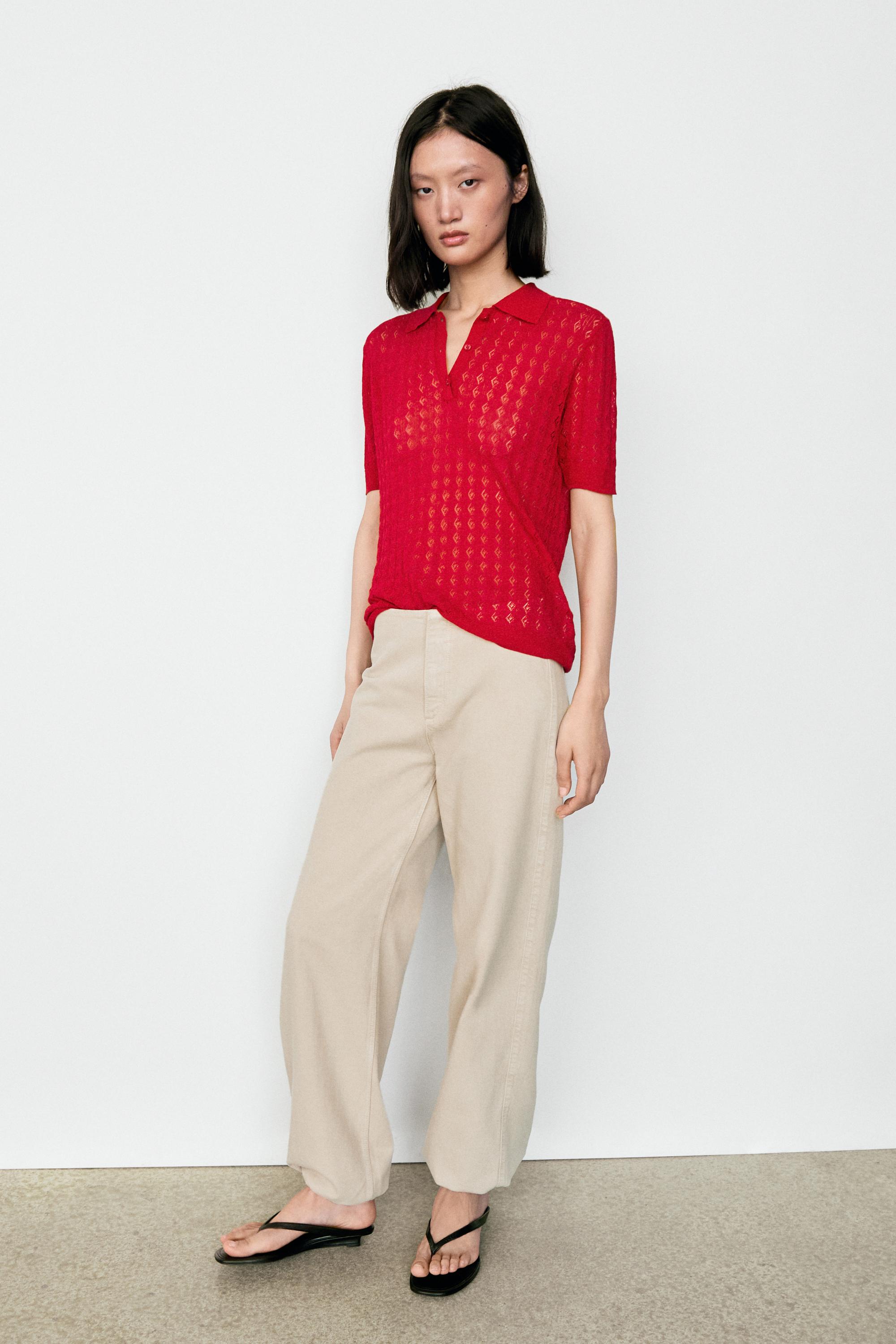 Open-knit polo sweater — RED