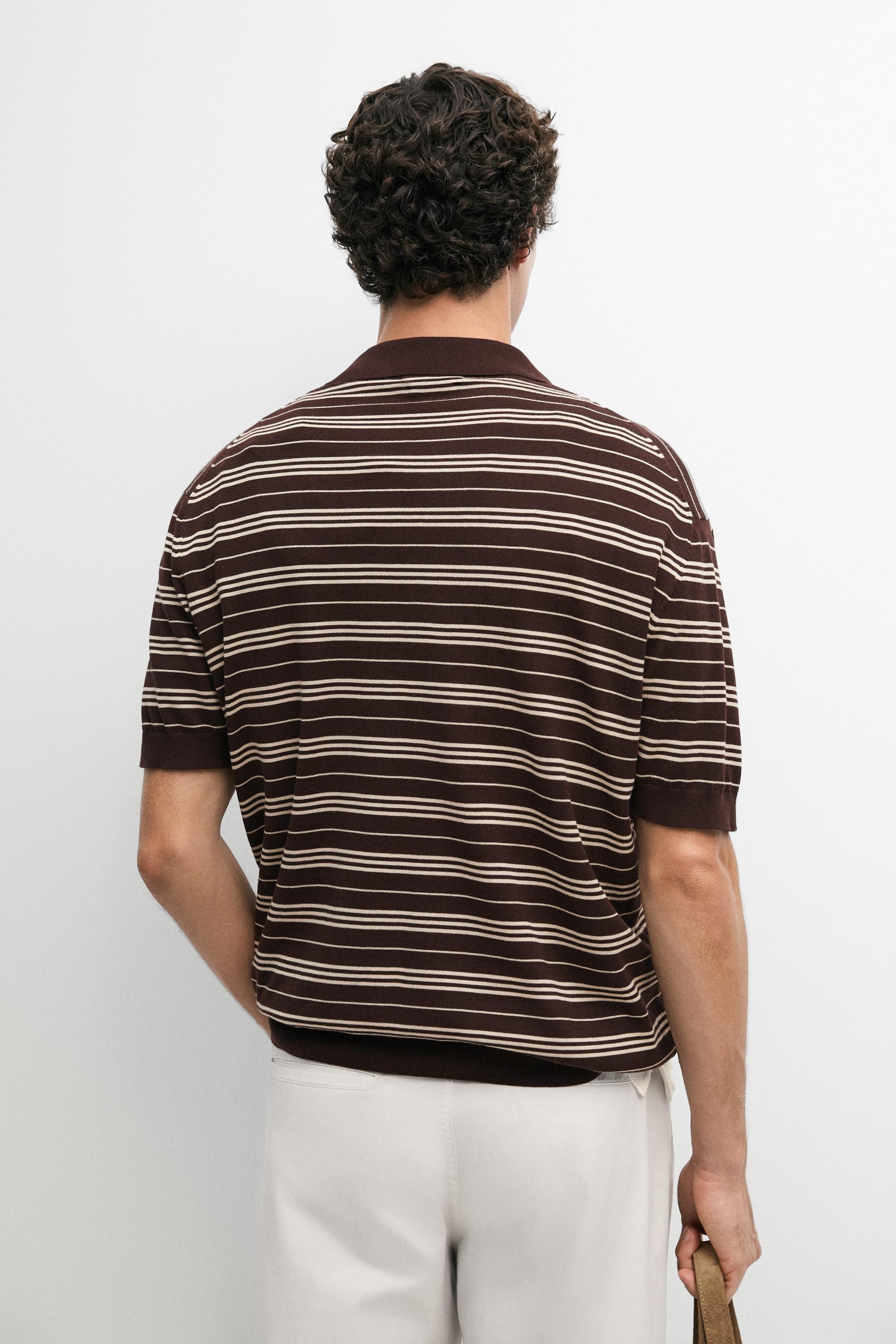 100% Cotton Striped Knit Polo Sweater — BURGUNDY