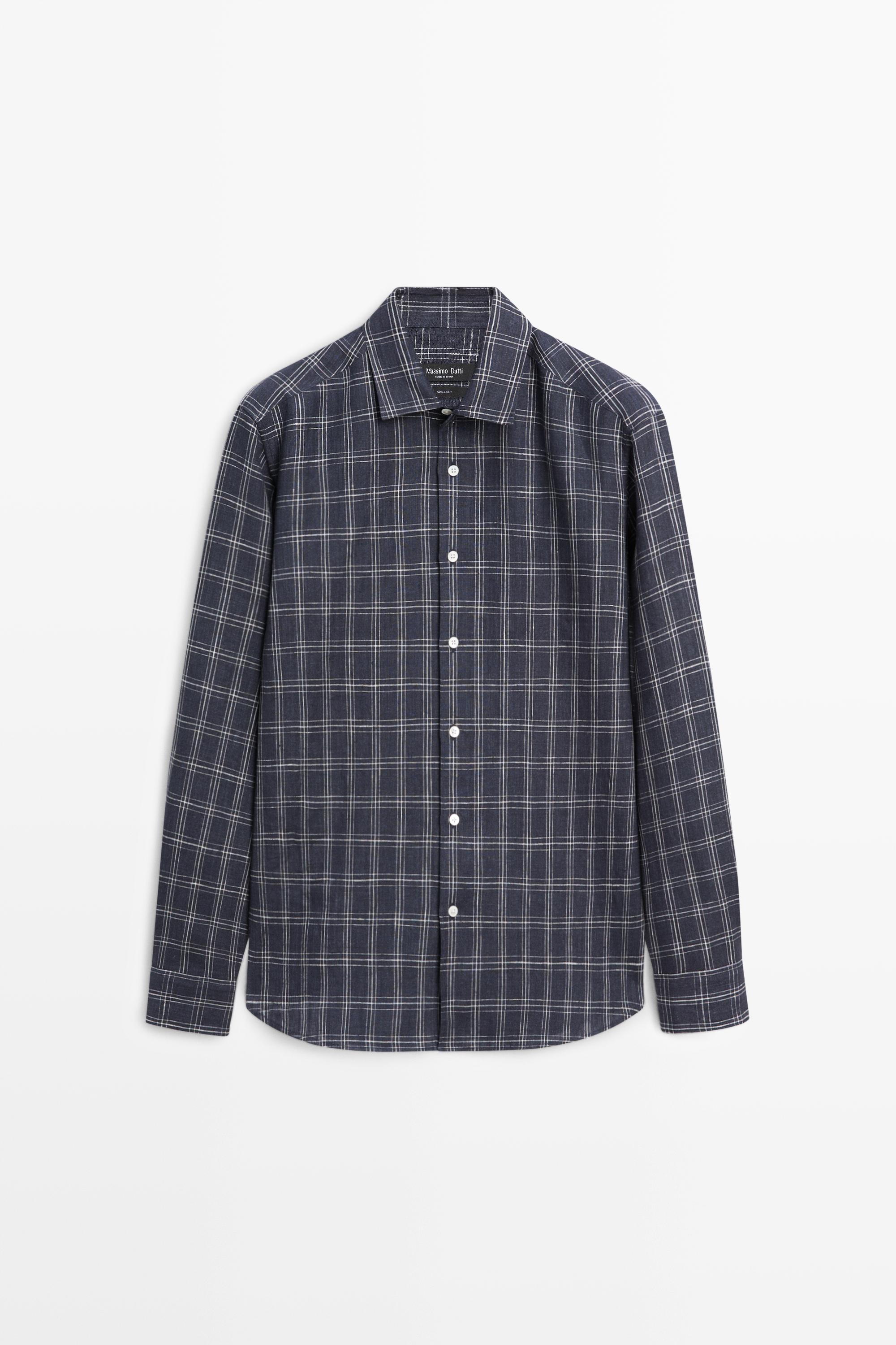 100% linen regular fit check shirt — DARK BLUE