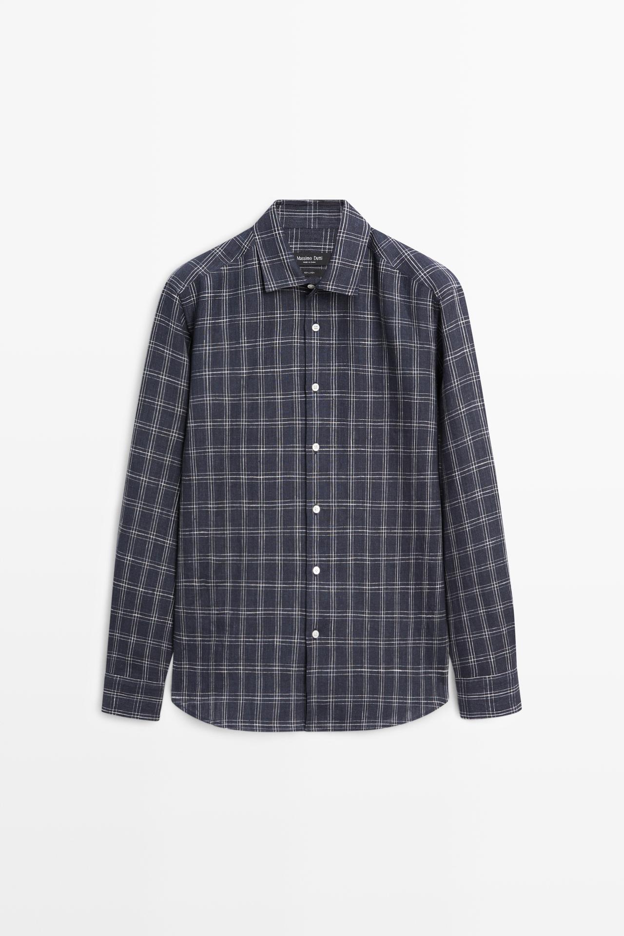100% linen regular fit check shirt — DARK BLUE