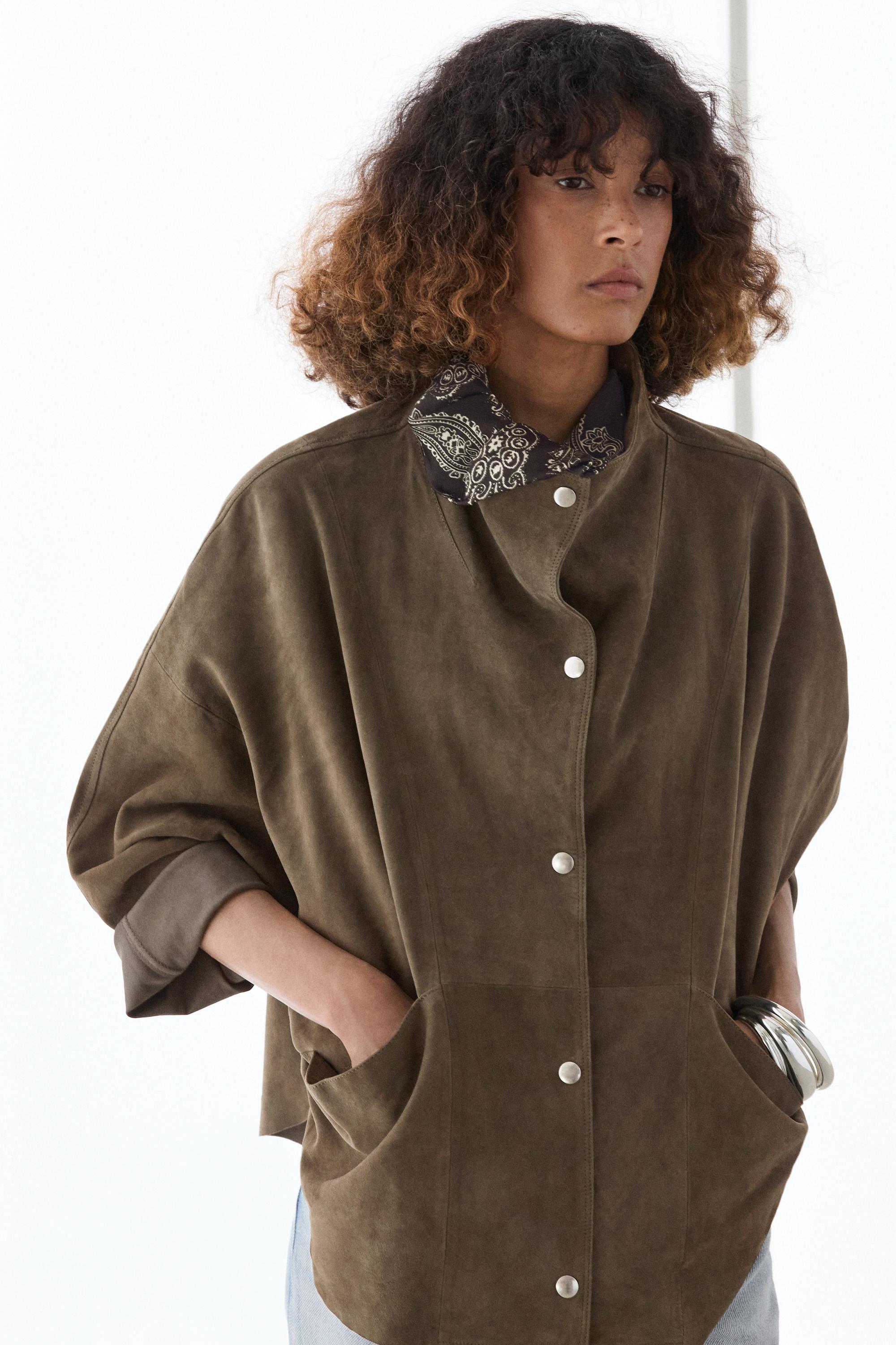Suede leather high neck jacket — KHAKI