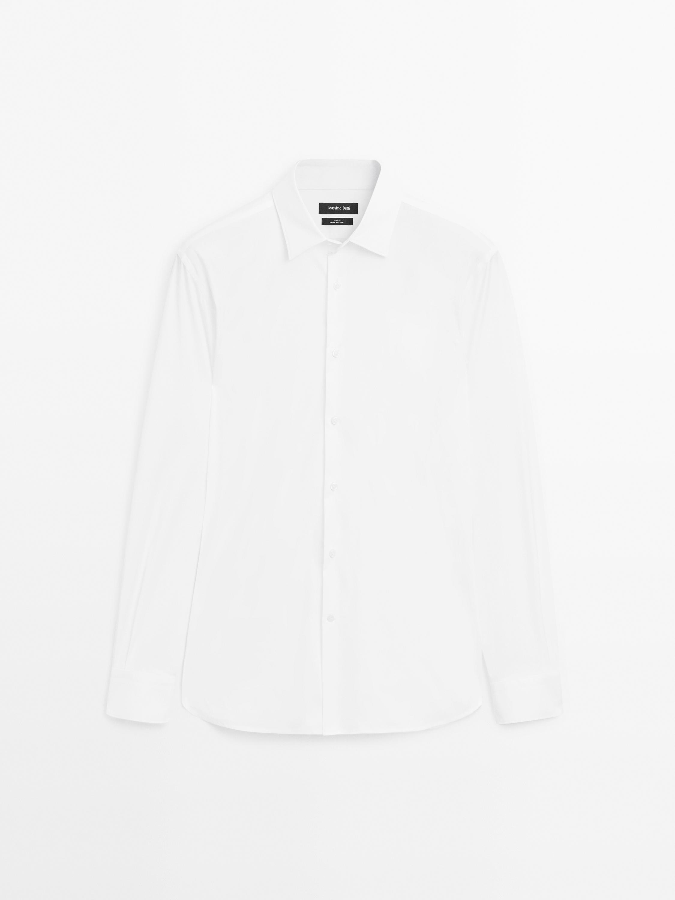 Front view of a white long-sleeved shirt, slim fit, with a classic collar and central button placket.