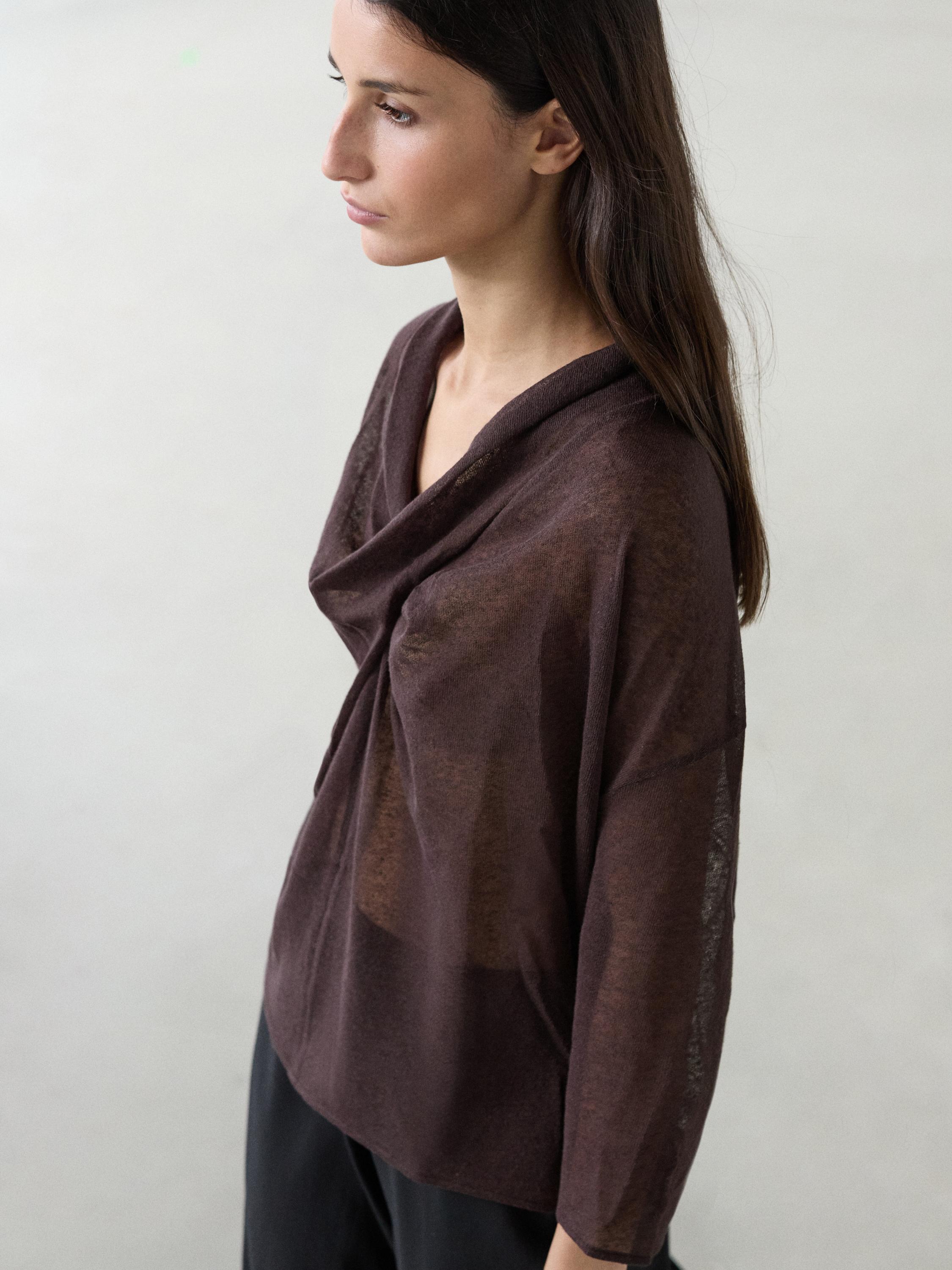Linen blend shirt with cowl neckline — AUBERGINE