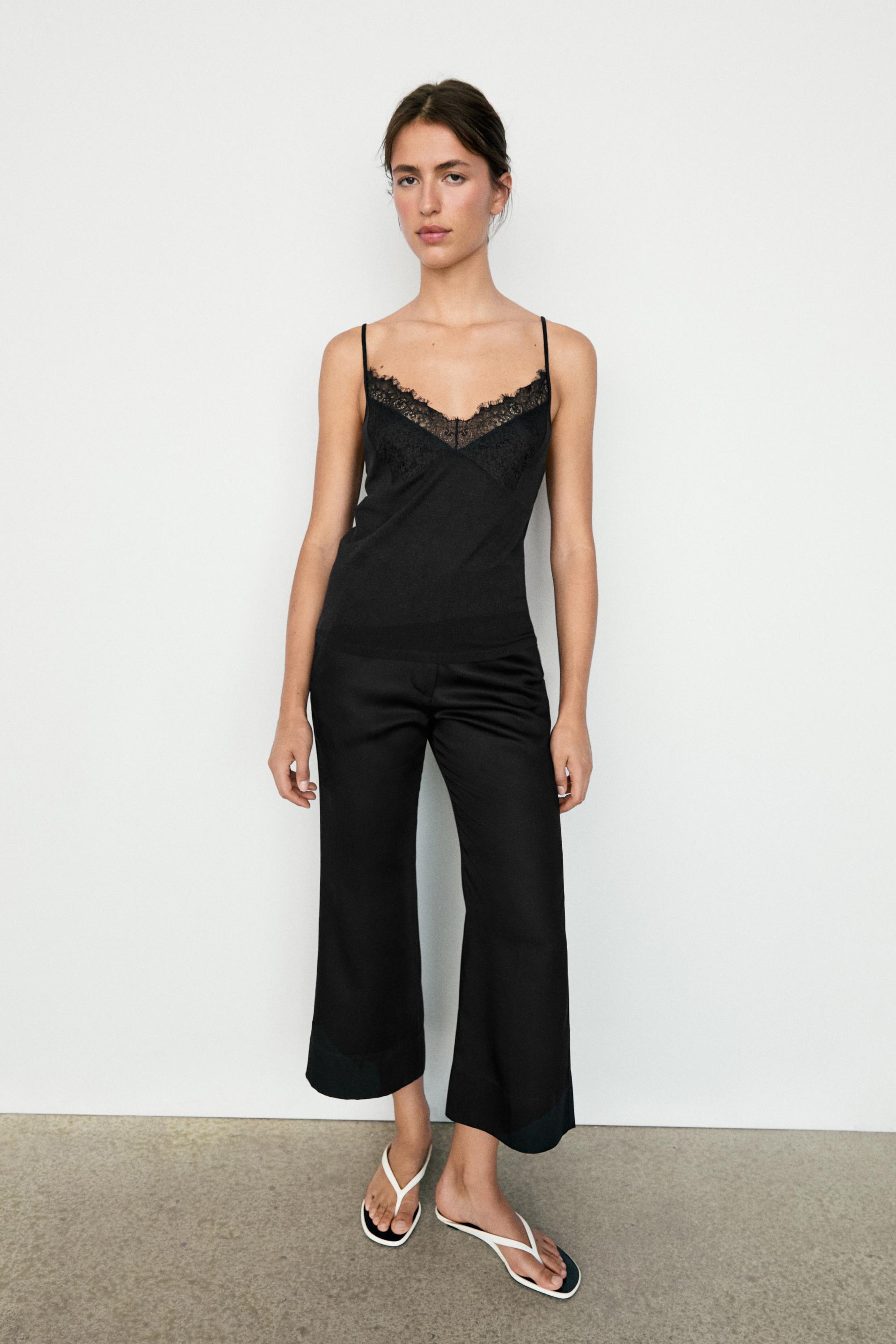 Strappy top with lace detail — BLACK