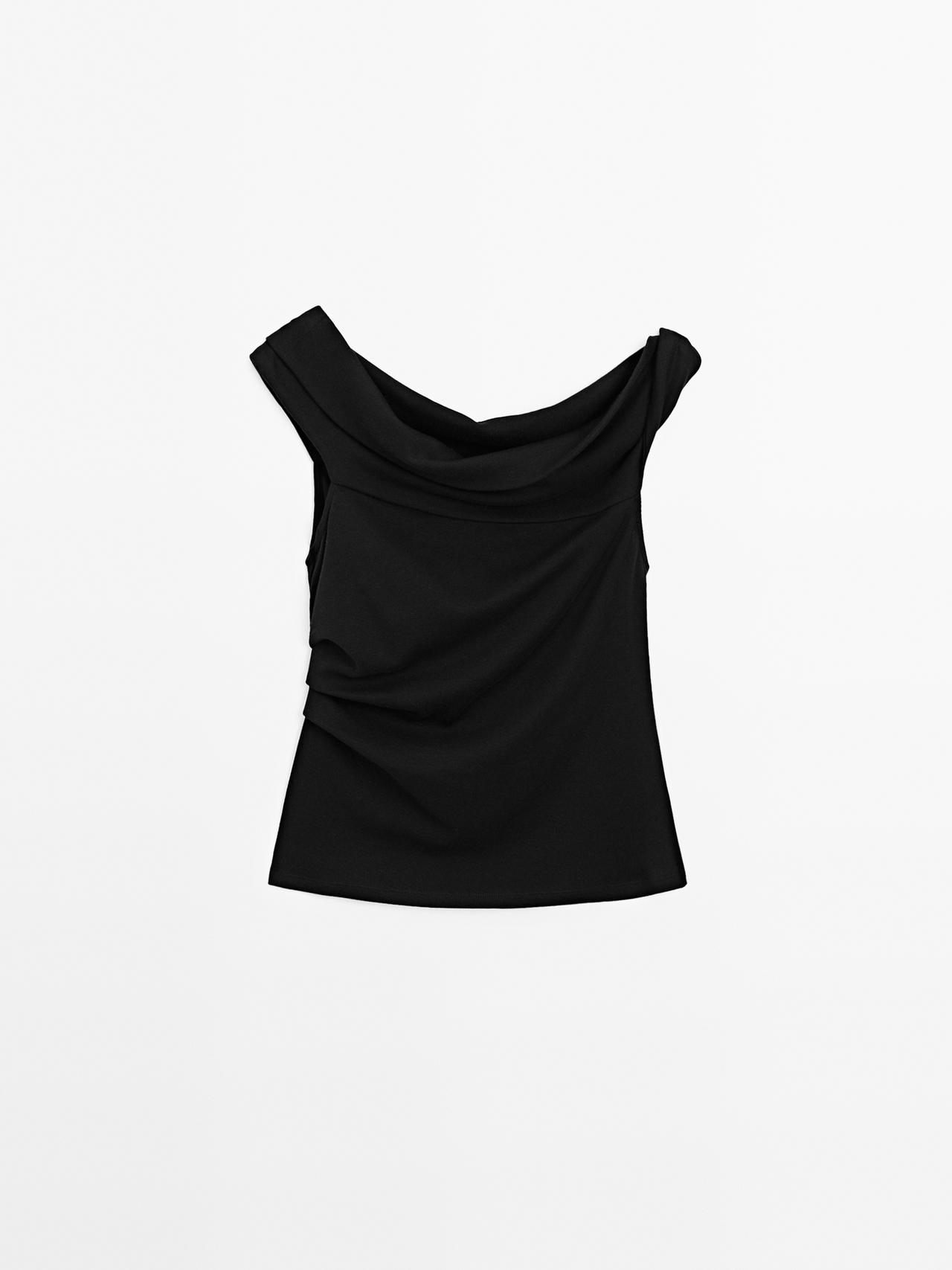 Massimo Dutti - Dame - Draperet Top Uden Stropper - Sort - L