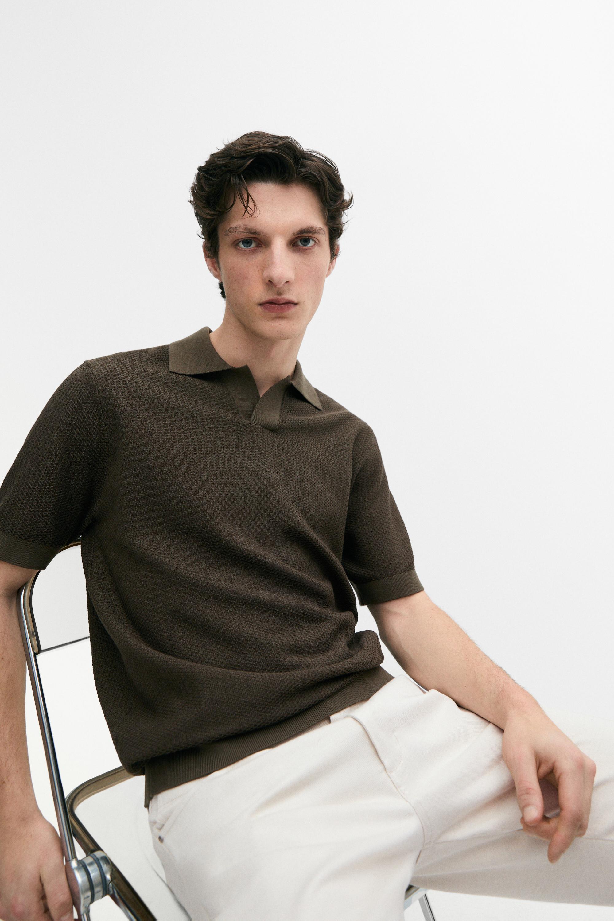 100% cotton textured knit polo sweater — Greyish green