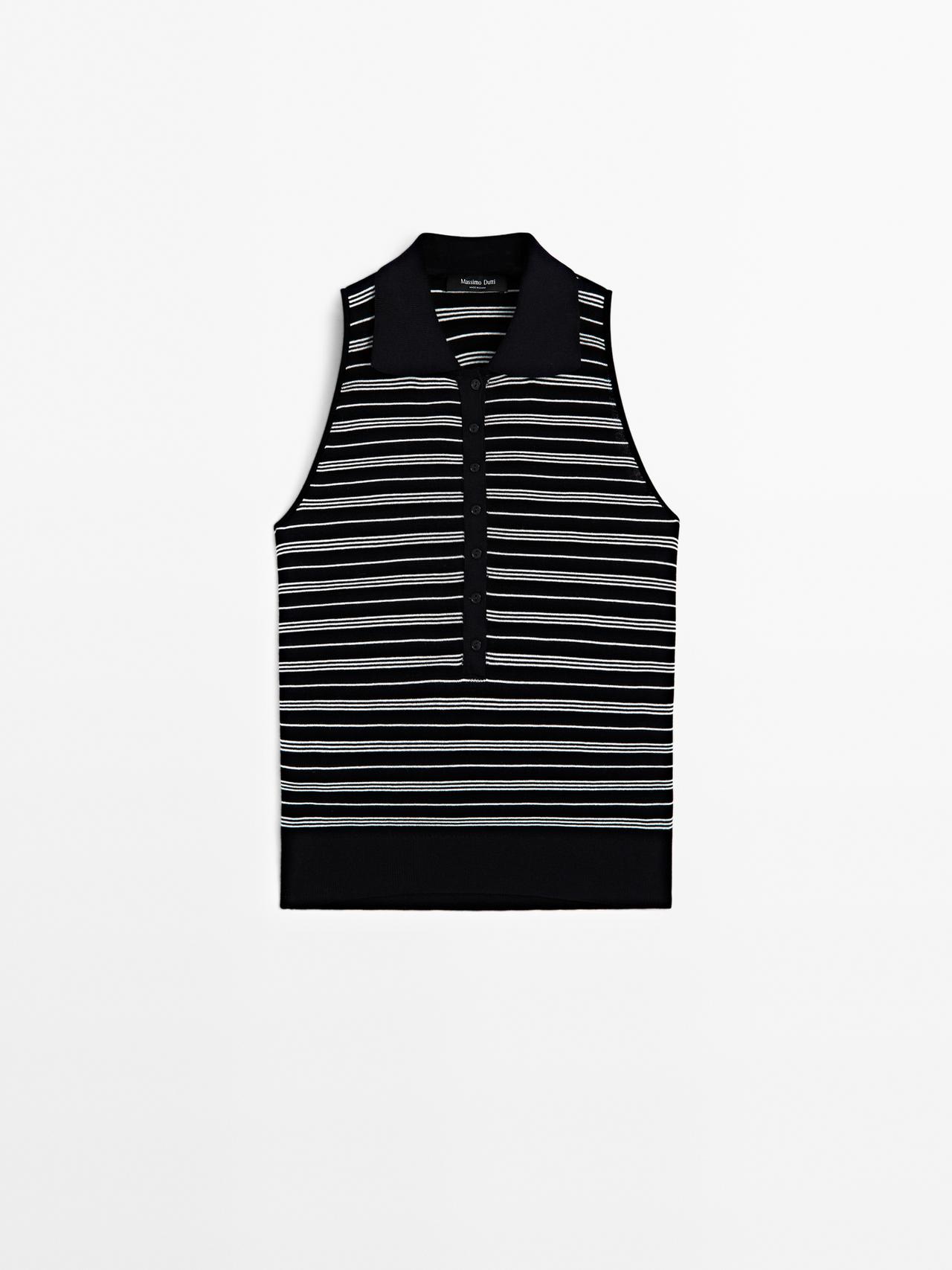 Massimo Dutti - Dame - Poloshirt I 100 % Bomuld Med Stribede Detaljer - Marineblå - L