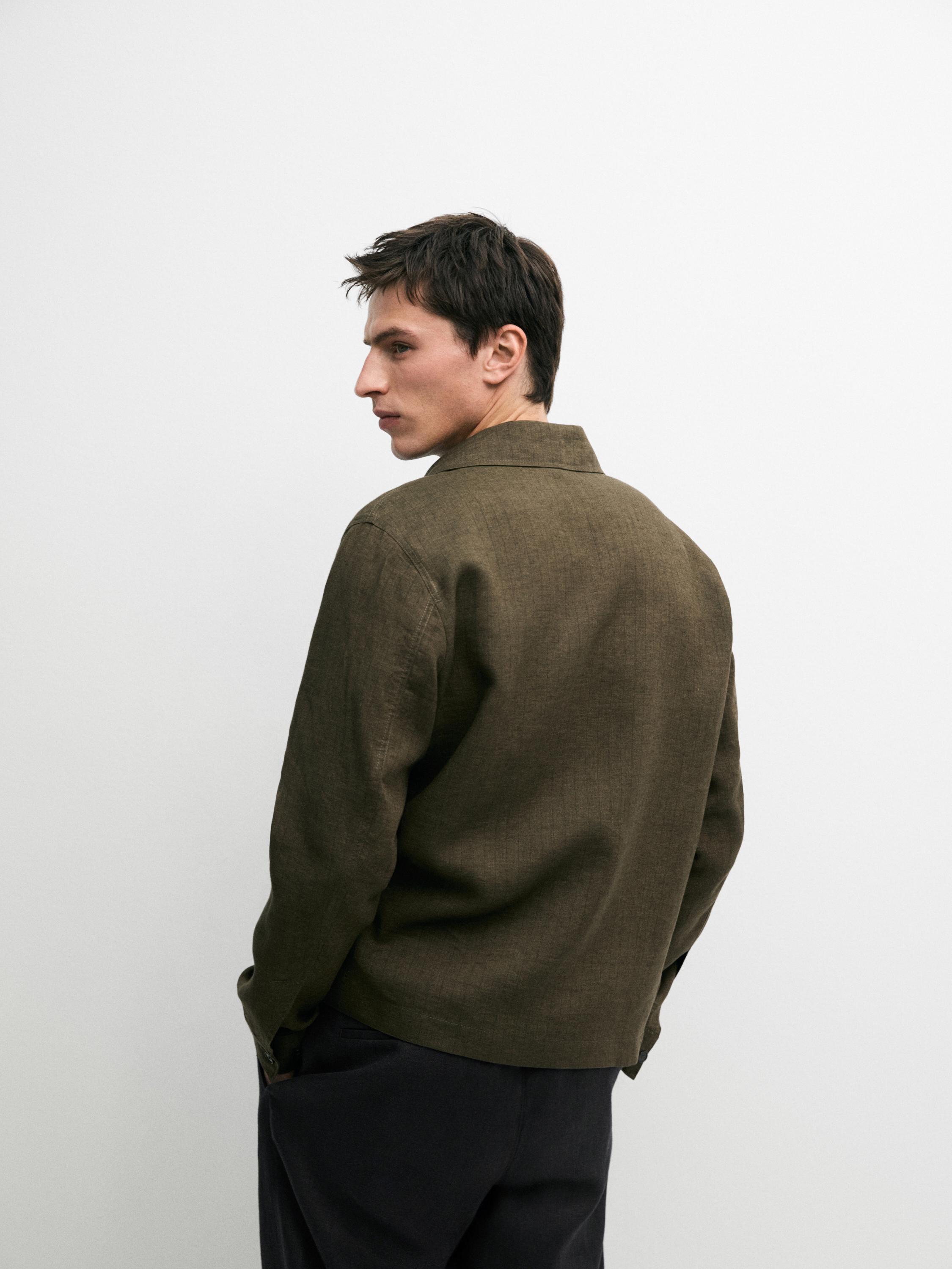 100% linen overshirt with pockets and striped detail — GREEN