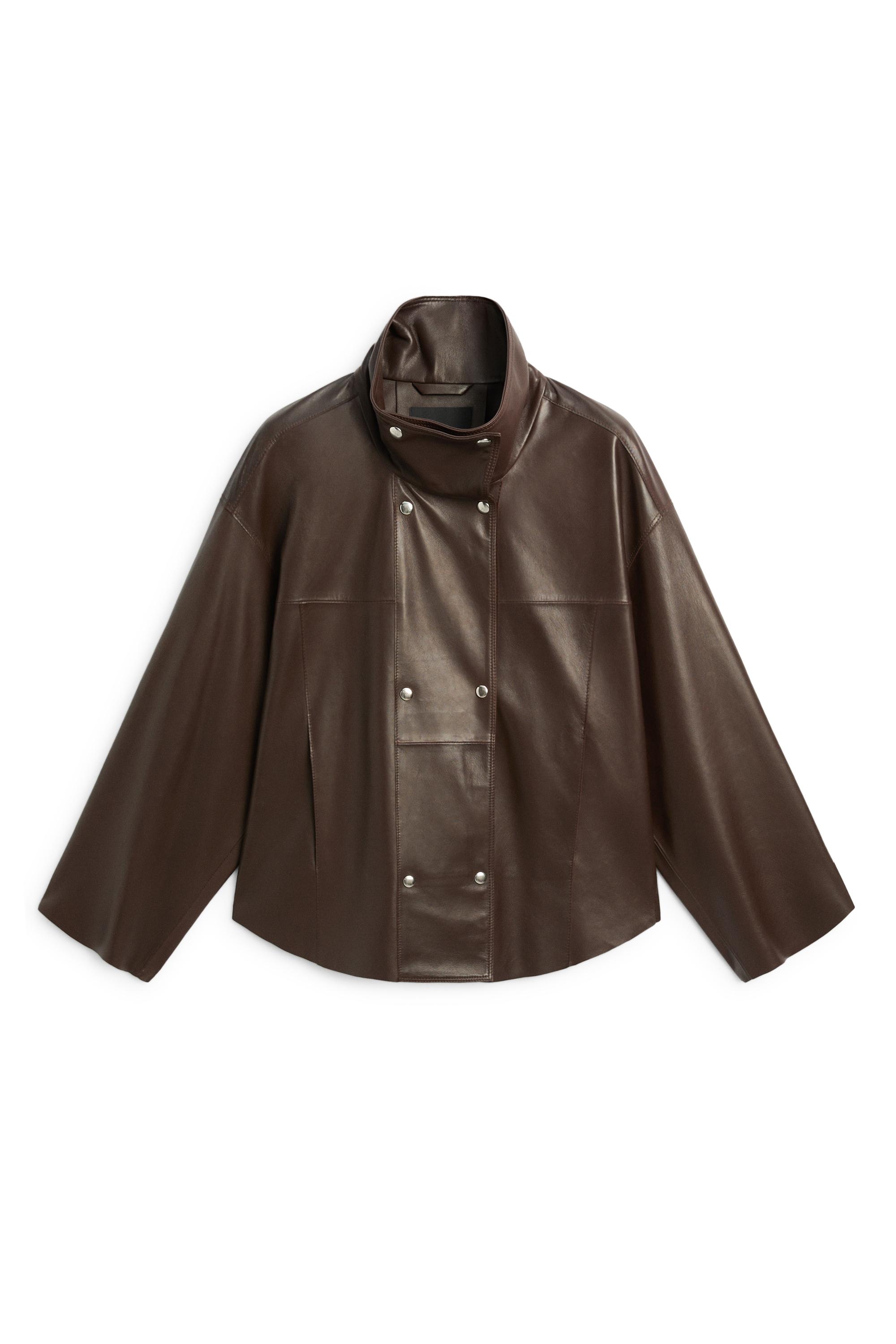 Nappa leather button-placket jacket — BROWN