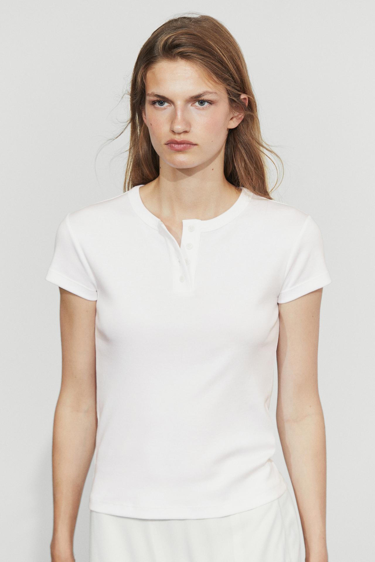 100% cotton short sleeve henley T-shirt — WHITE