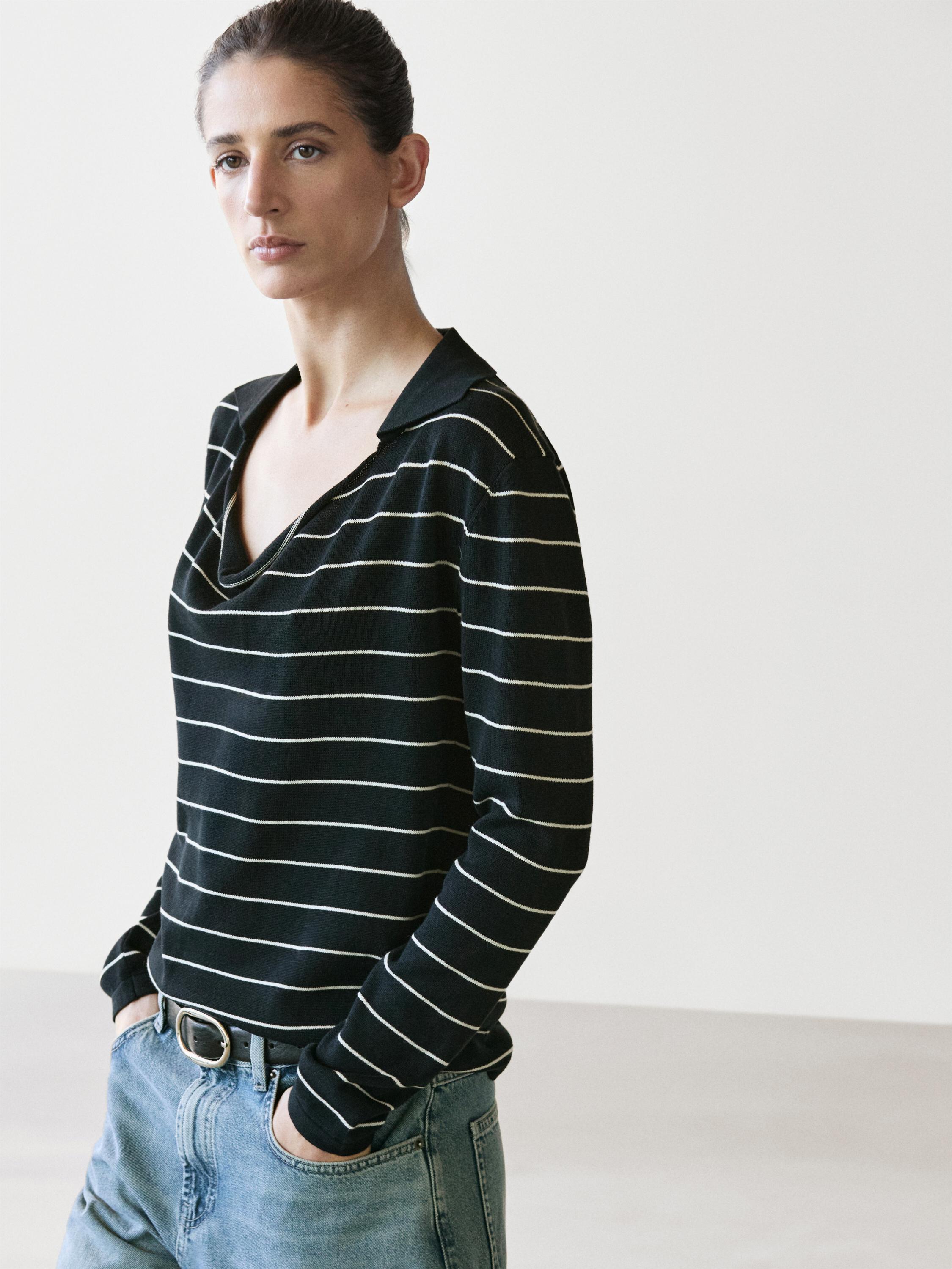 Cotton striped knit polo sweater
