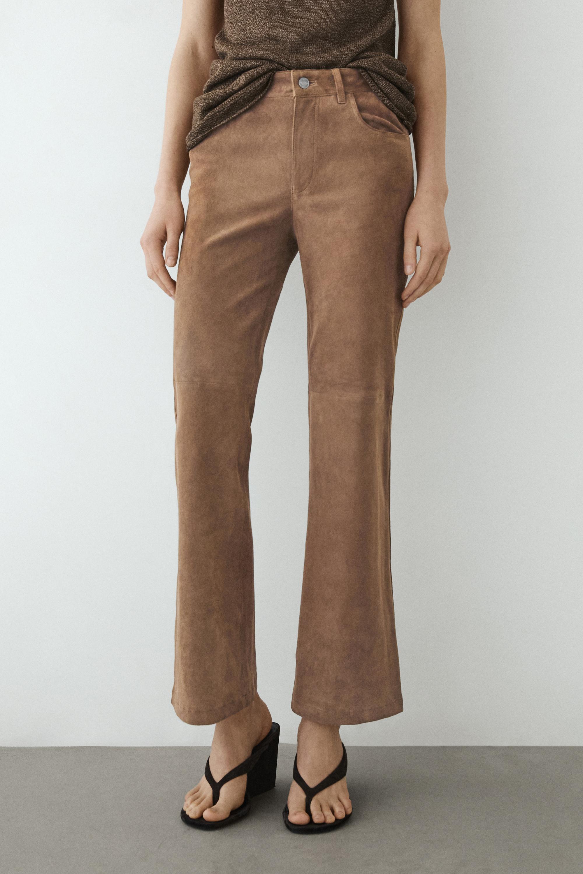 Cropped suede leather flare fit leggings — MOLE BROWN