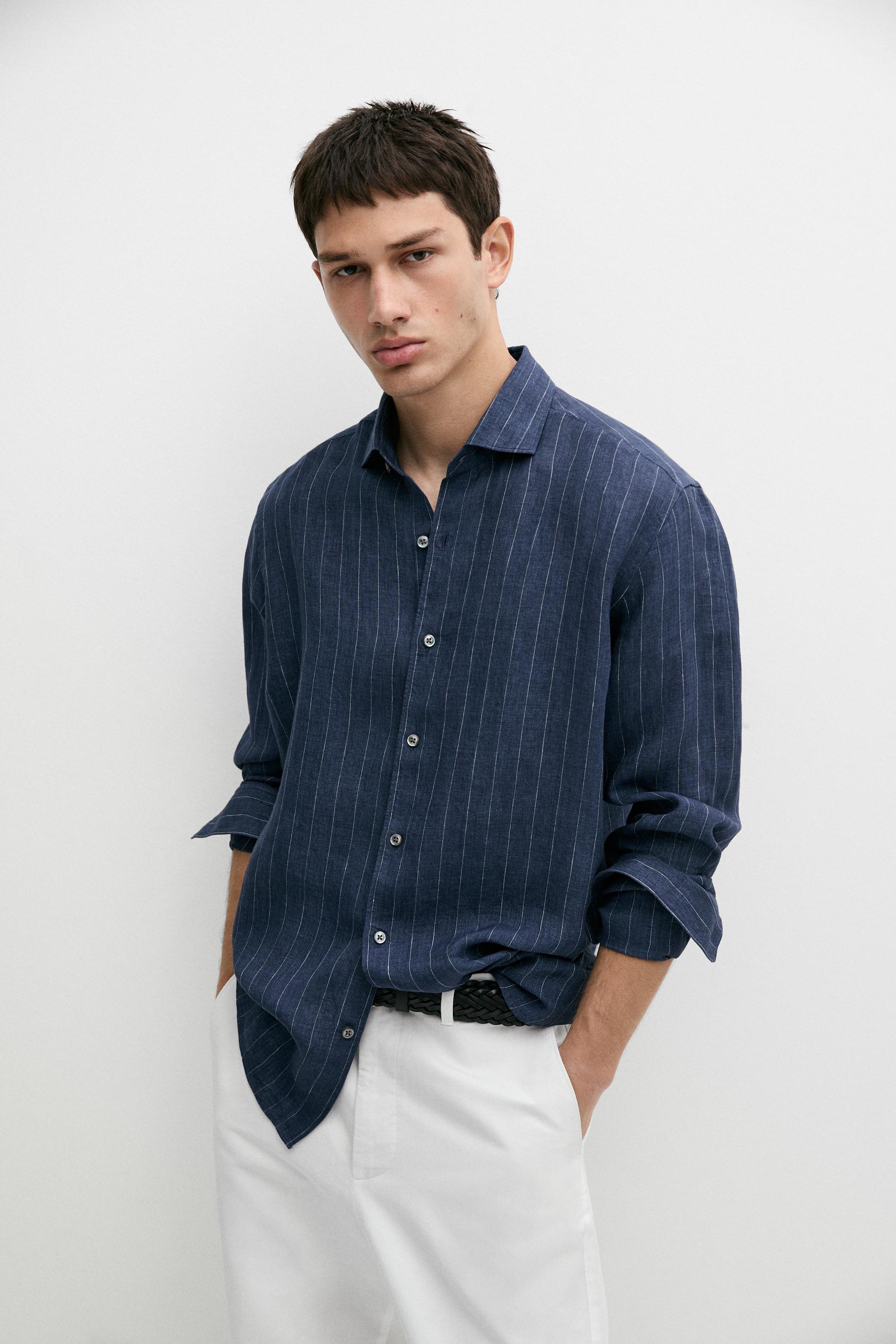 Regular fit striped delave 100% linen shirt