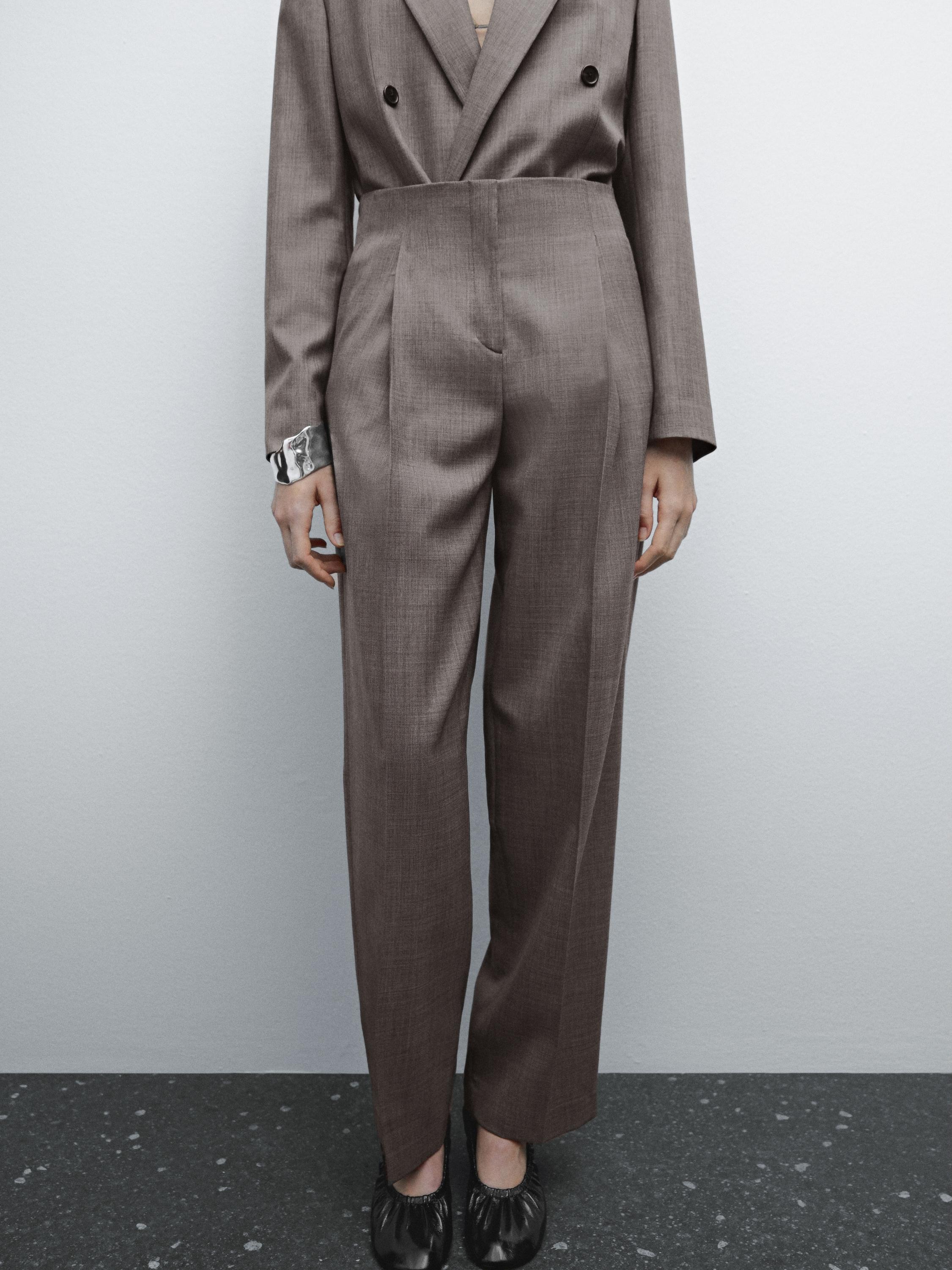 Pantalon chiné plissé en laine mélangée