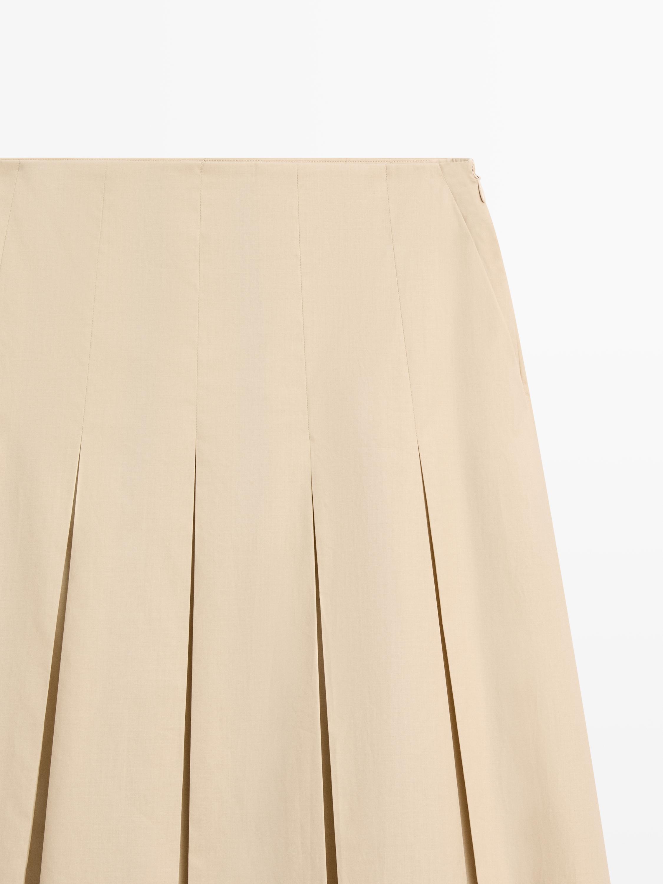 Cotton box pleat midi skirt — SAND