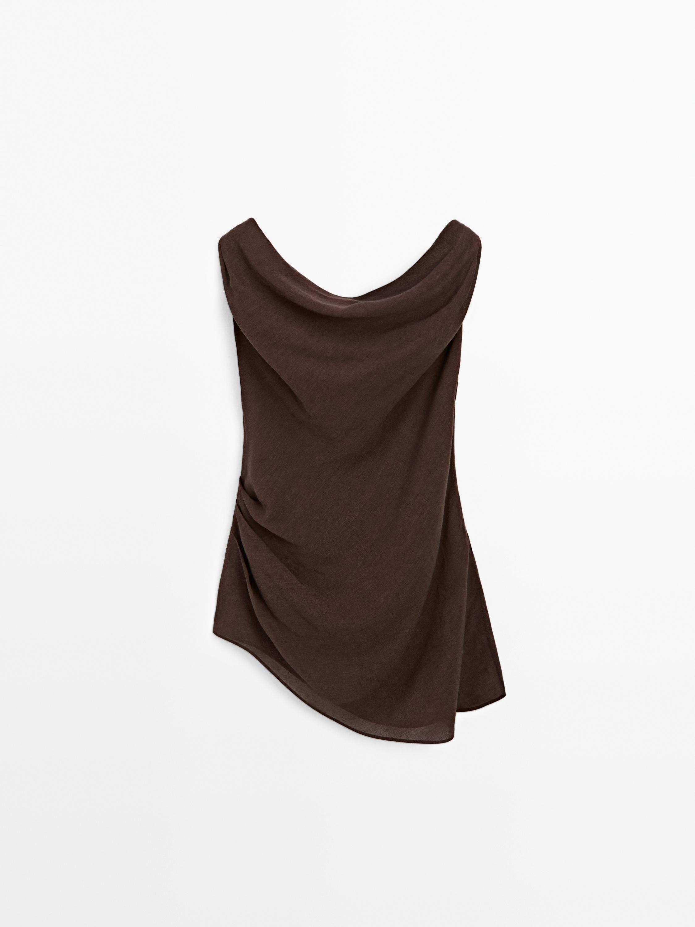 Linen blend top with asymmetric neckline
