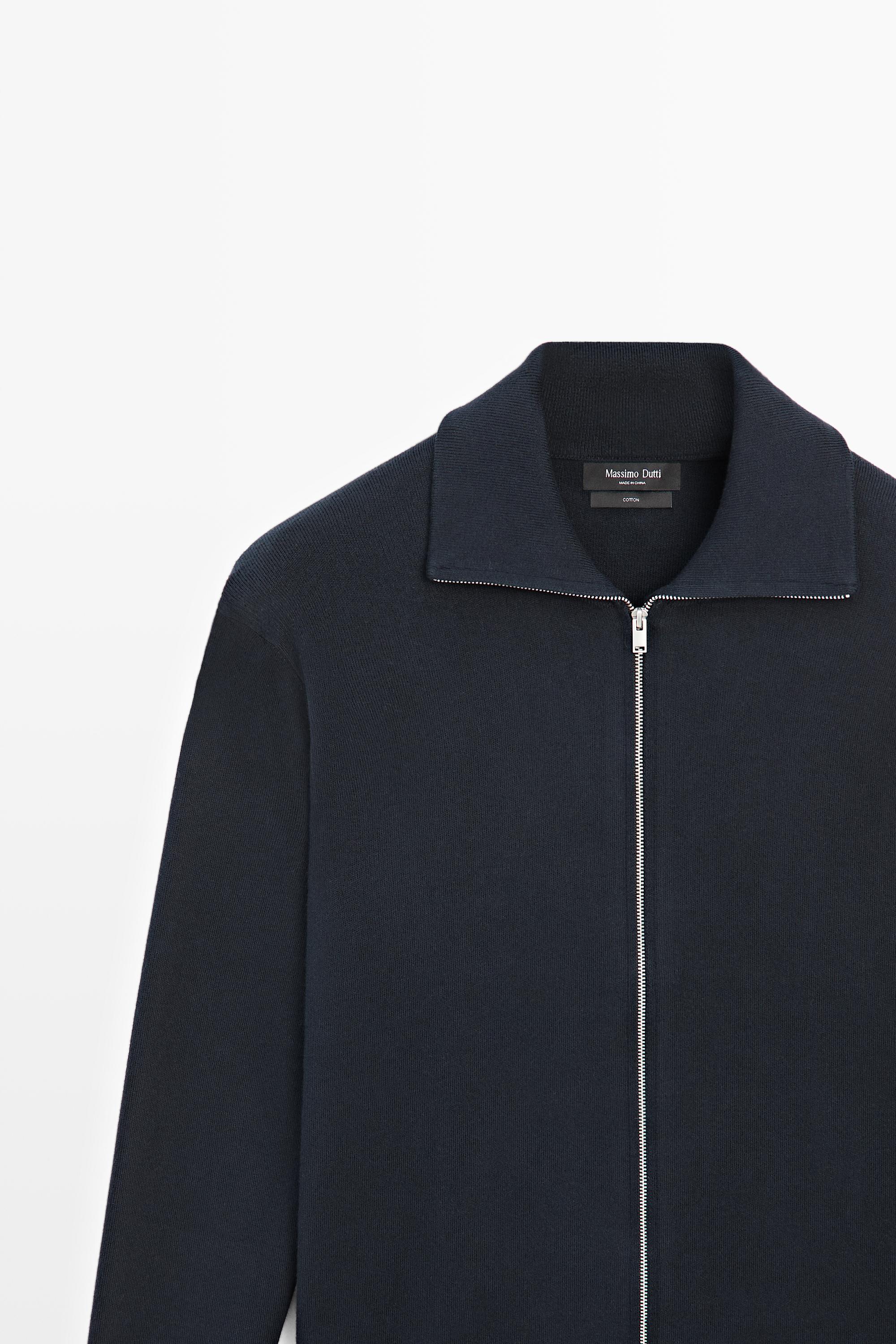 100% cotton zip-up knit cardigan — NAVY BLUE