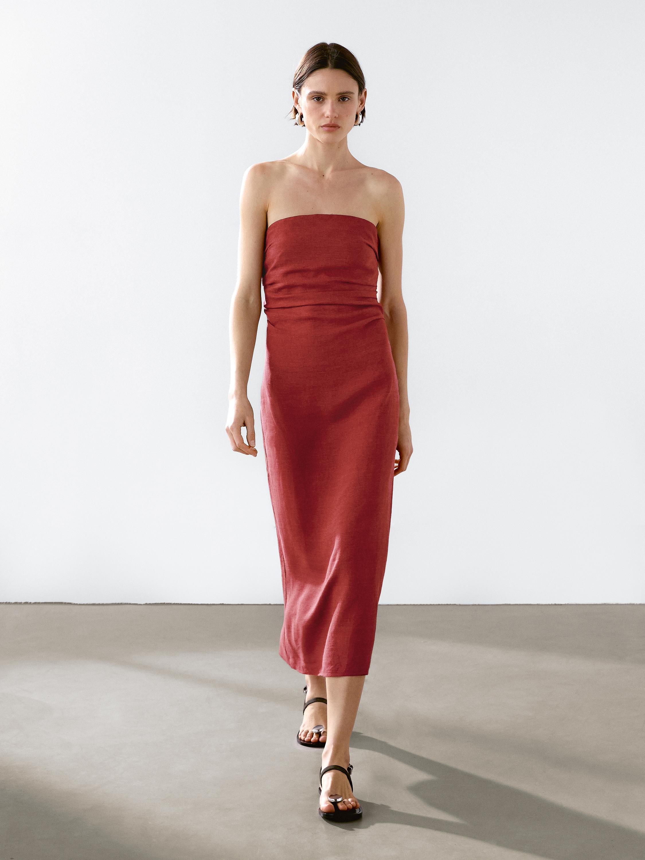 Strapless linen midi dress · 0-947 · Caps And Hats Massimo Dutti