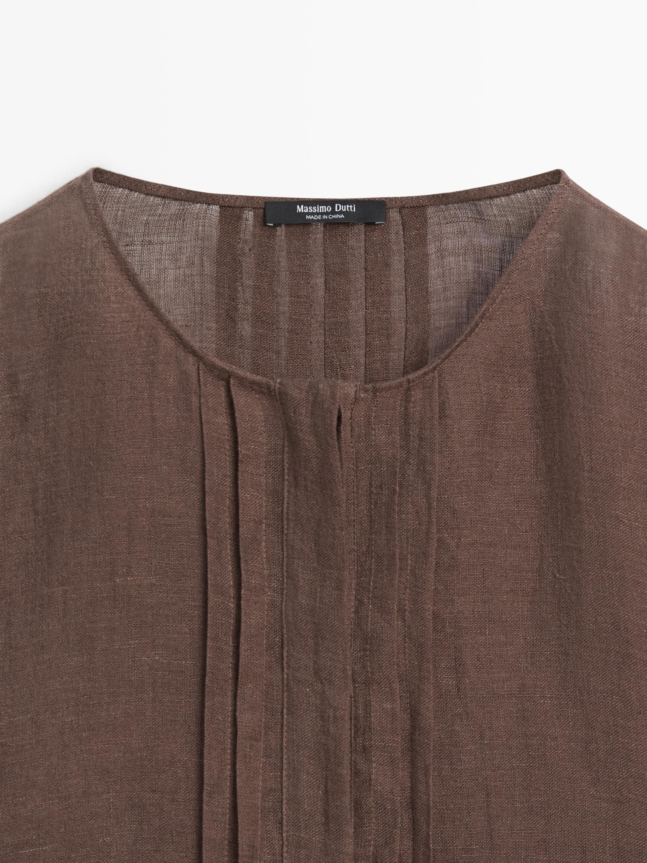 Flowing oversize linen blouse with ruffles — BROWN