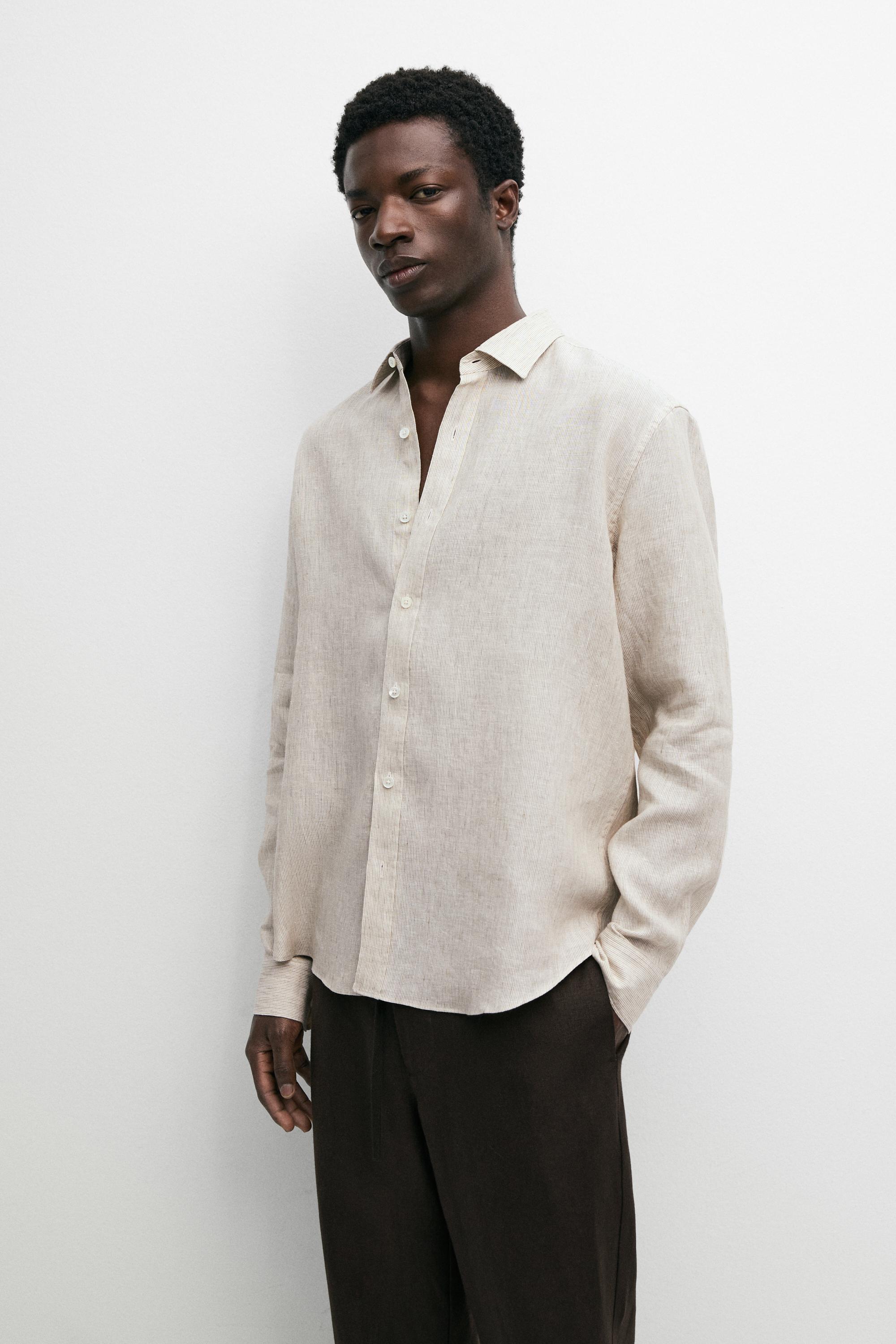 Regular fit washed striped 100% linen shirt