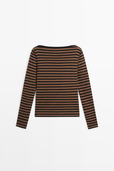 100% cotton striped boat neck T-shirt — MOLE BROWN 6