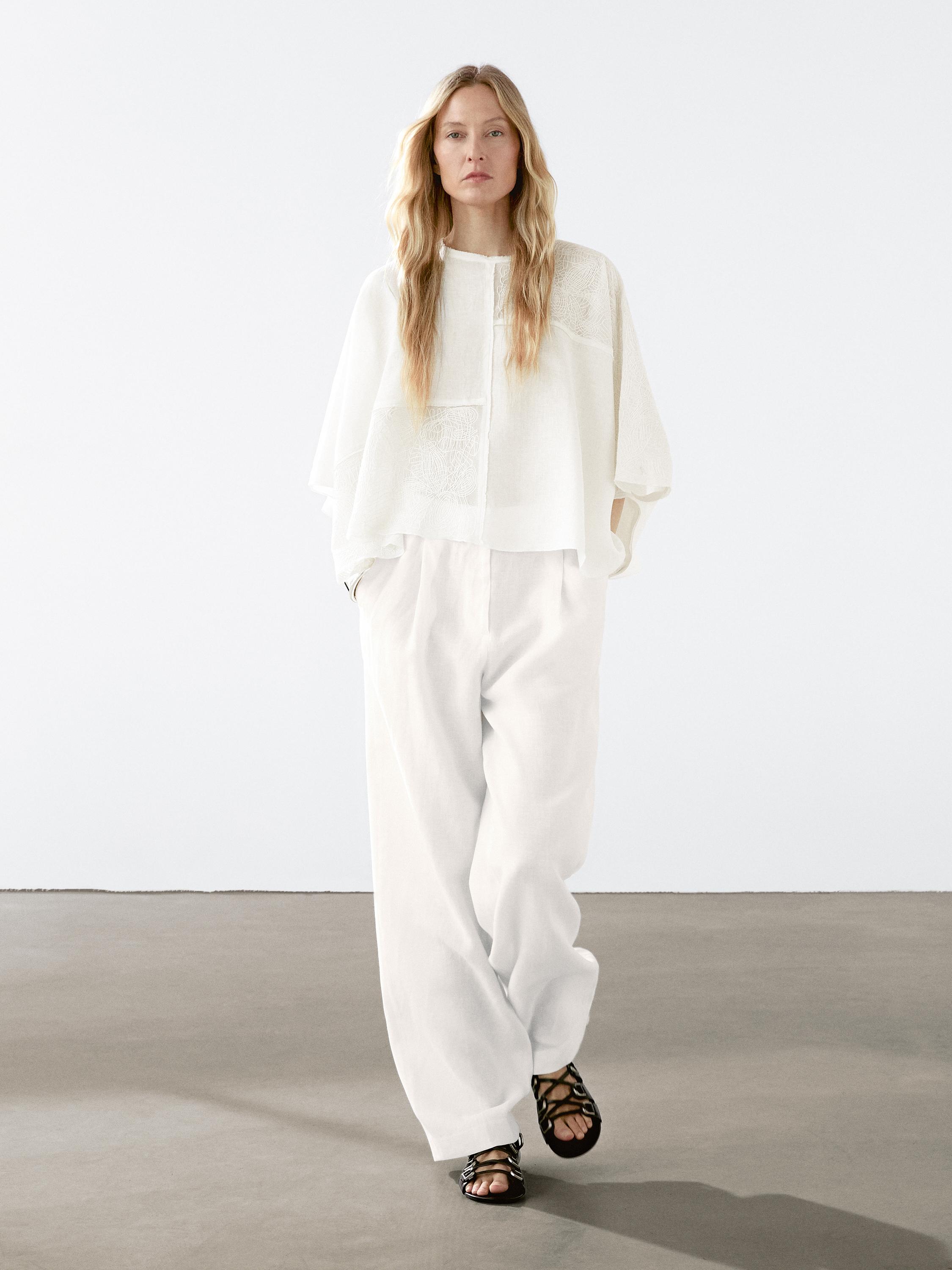 Flowing linen blend embroidered cape