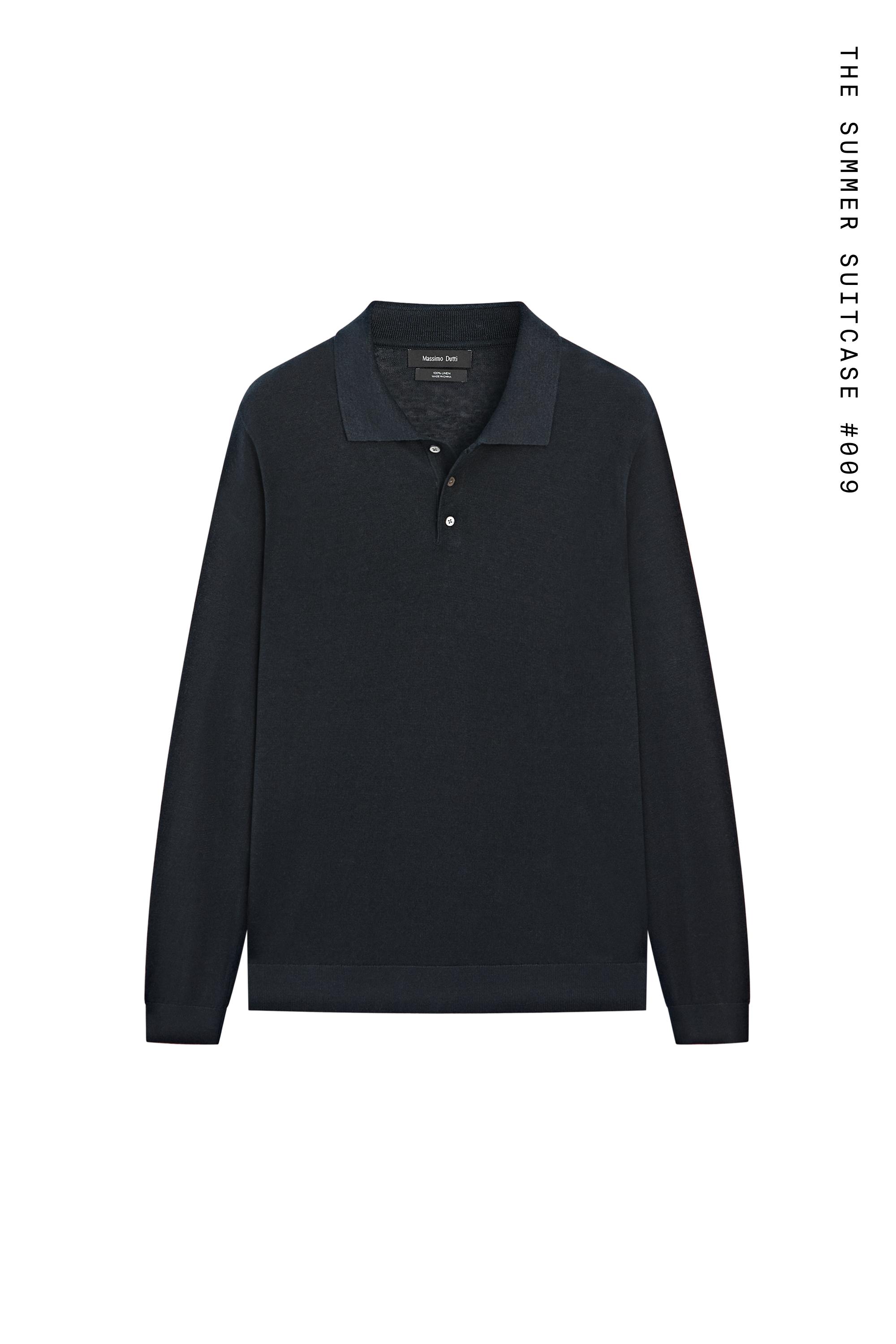 100% linen knit polo collar sweater — NAVY BLUE