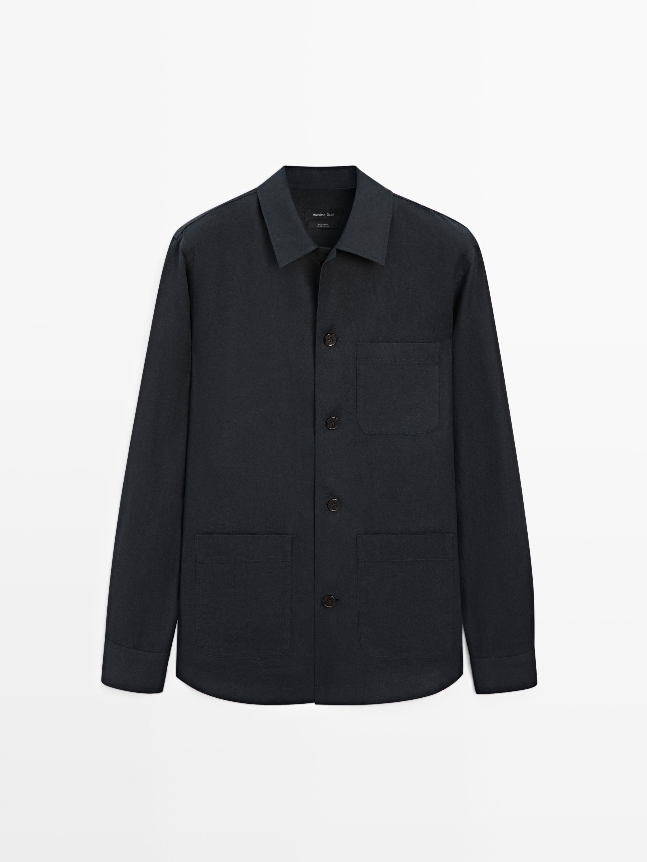 Linen total look overshirt with pocket details — NAVY BLUE