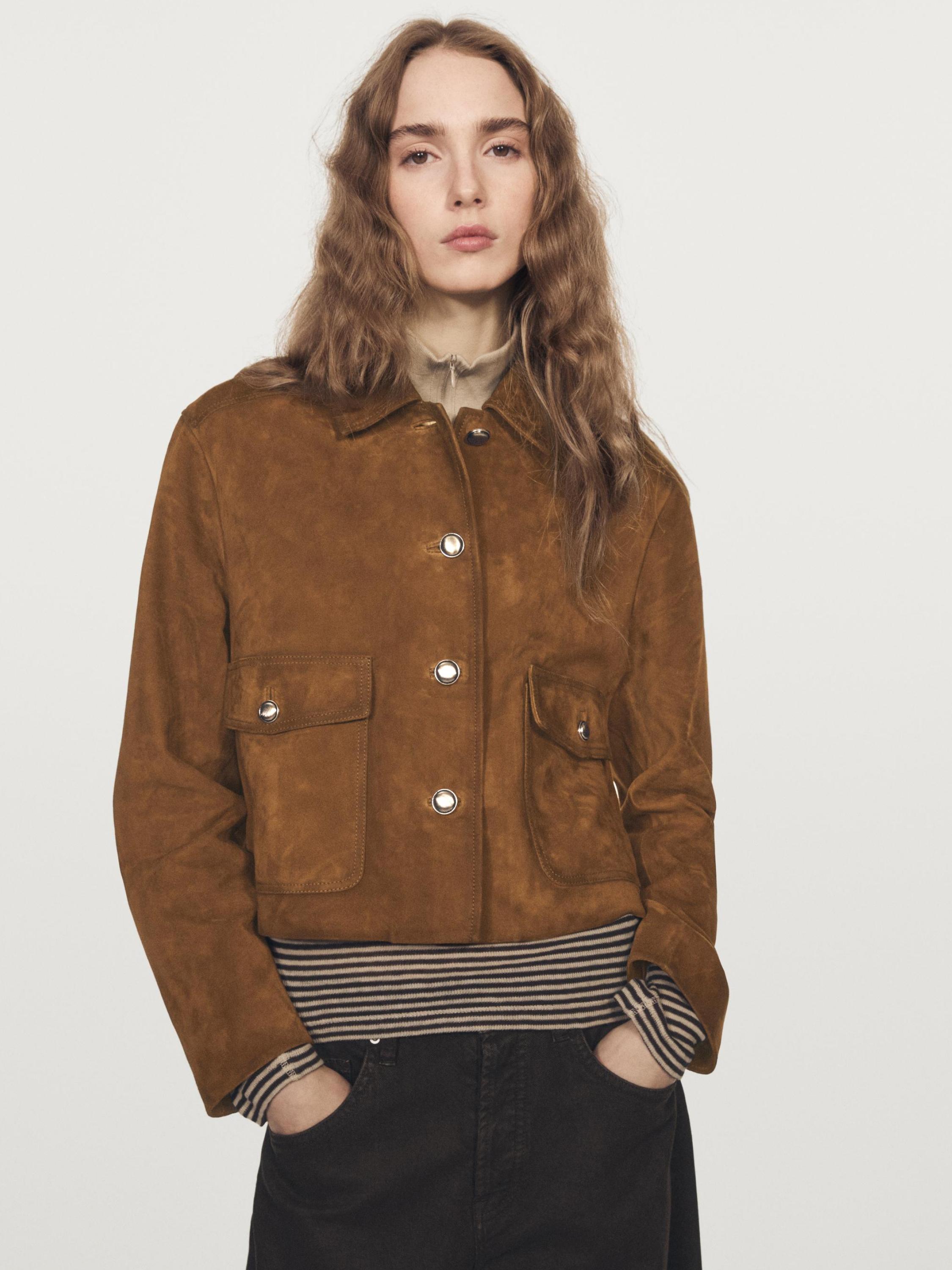 Suede leather jacket with gold-toned buttons