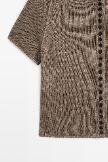 100% linen knit cardigan with buttons — BROWN MARL 4