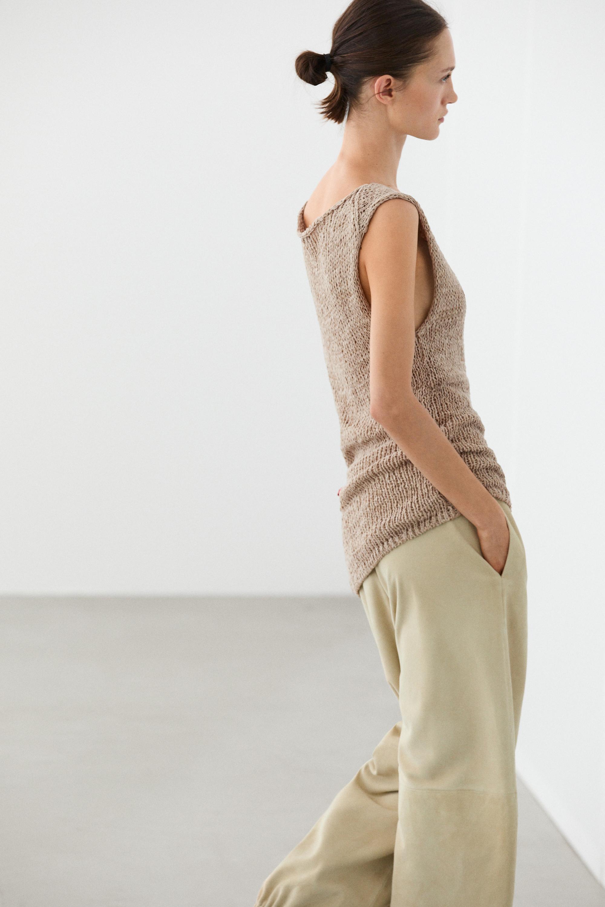 Knit cotton blend top — SAND