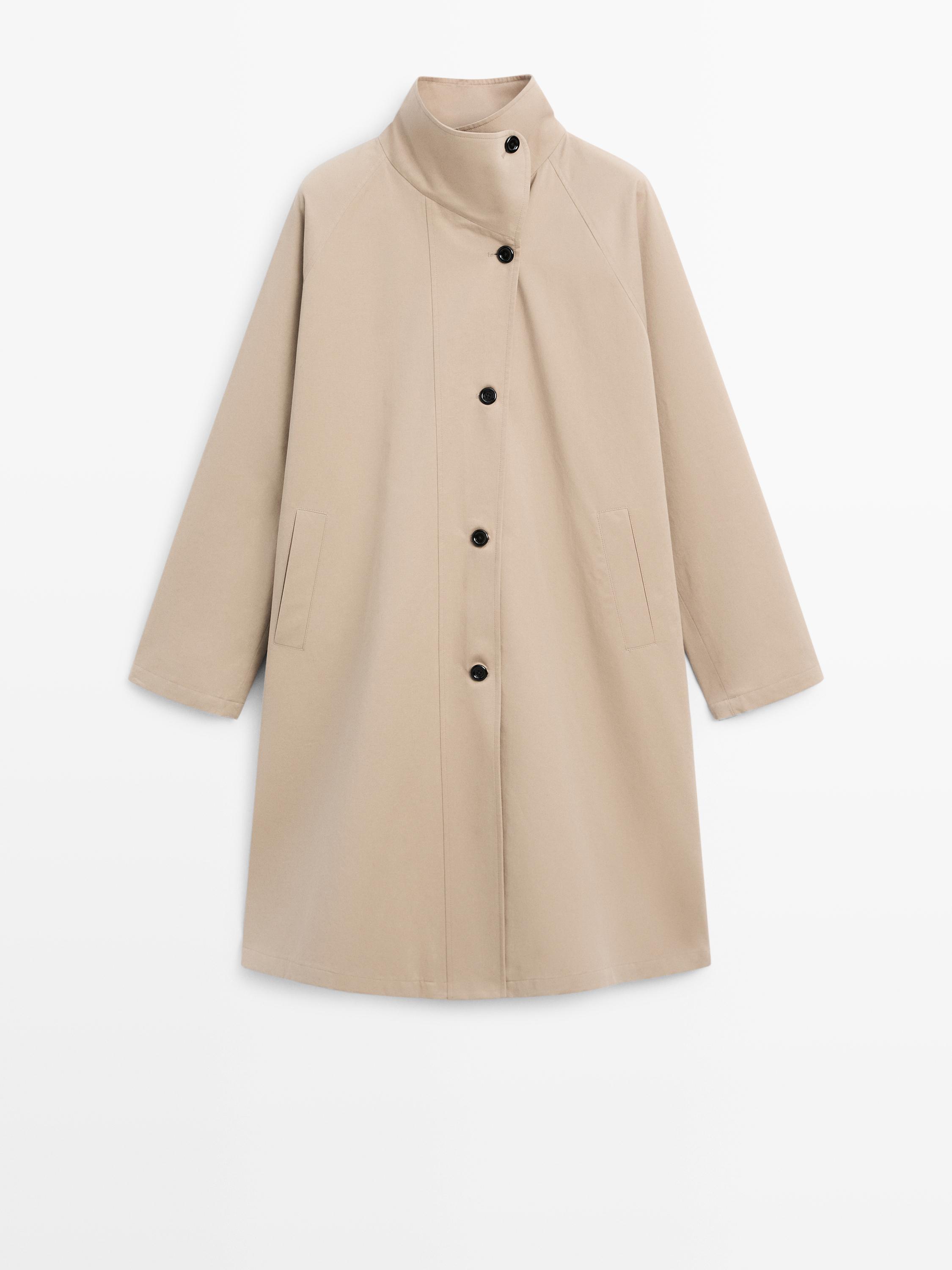 Long trench coat with side fastening, 100% cotton