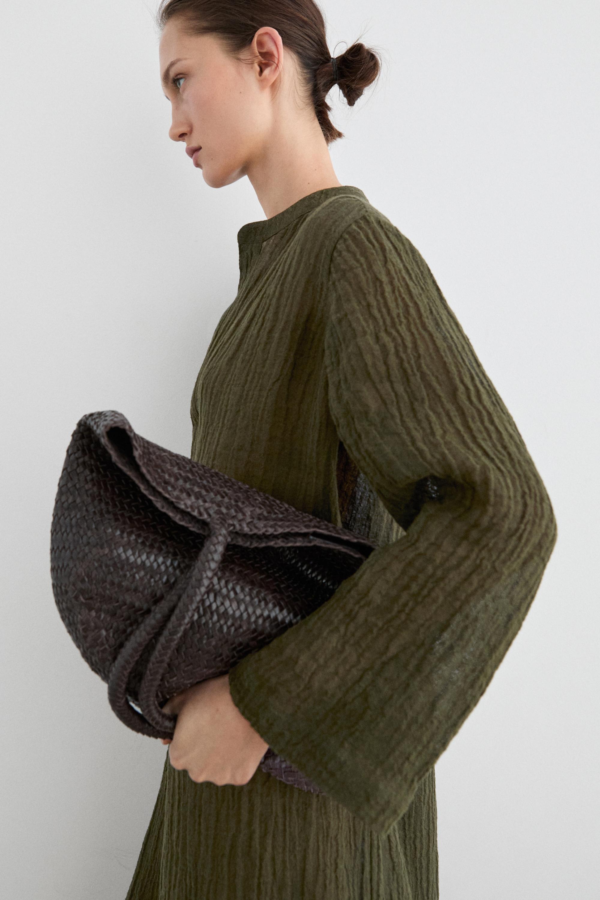 Linen blend waffle-knit shirt dress — GREEN