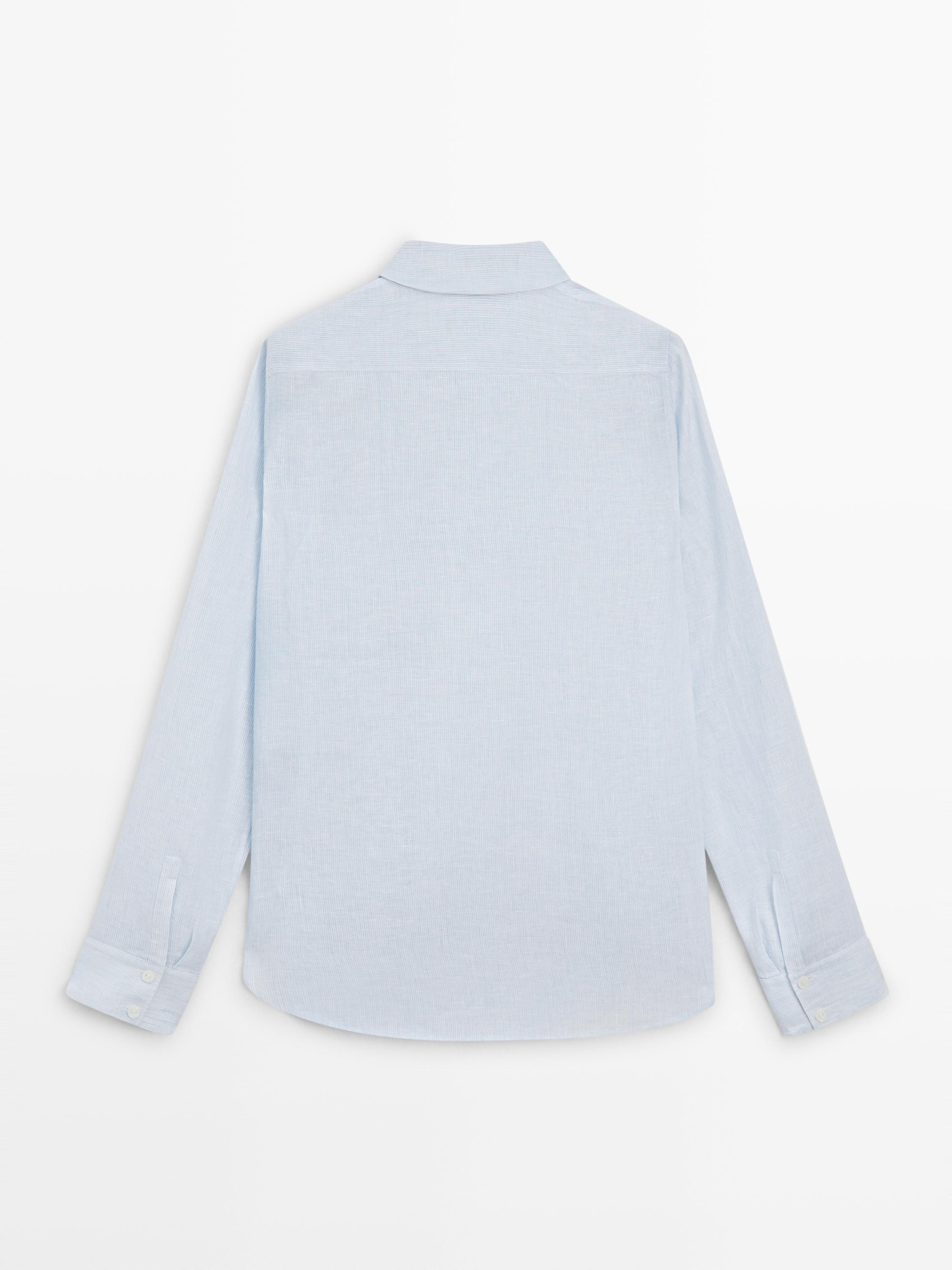 Dökümlü %100 keten çizgi desenli gömlek