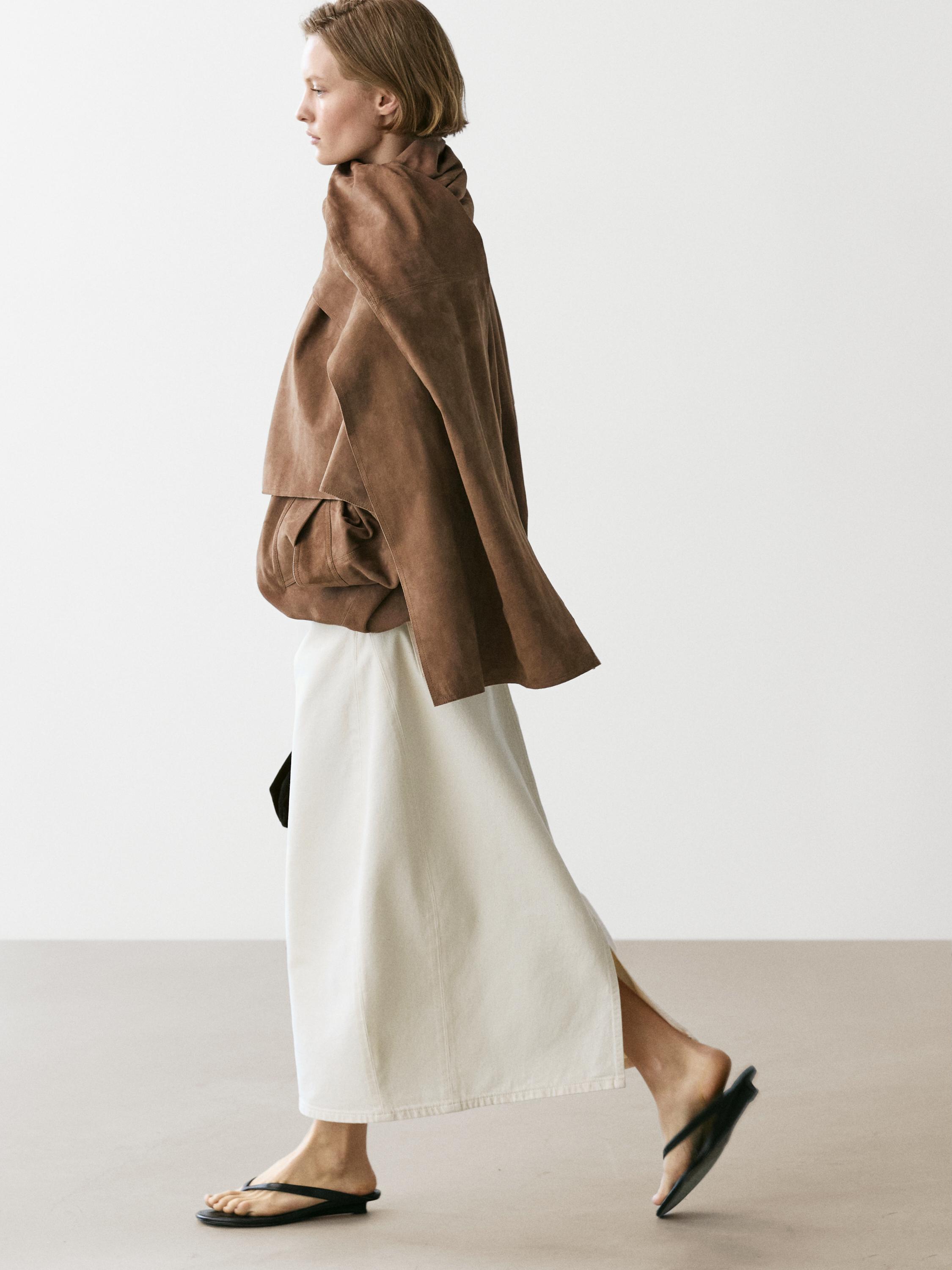 Suede leather bomber jacket with scarf detail — MOLE BROWN