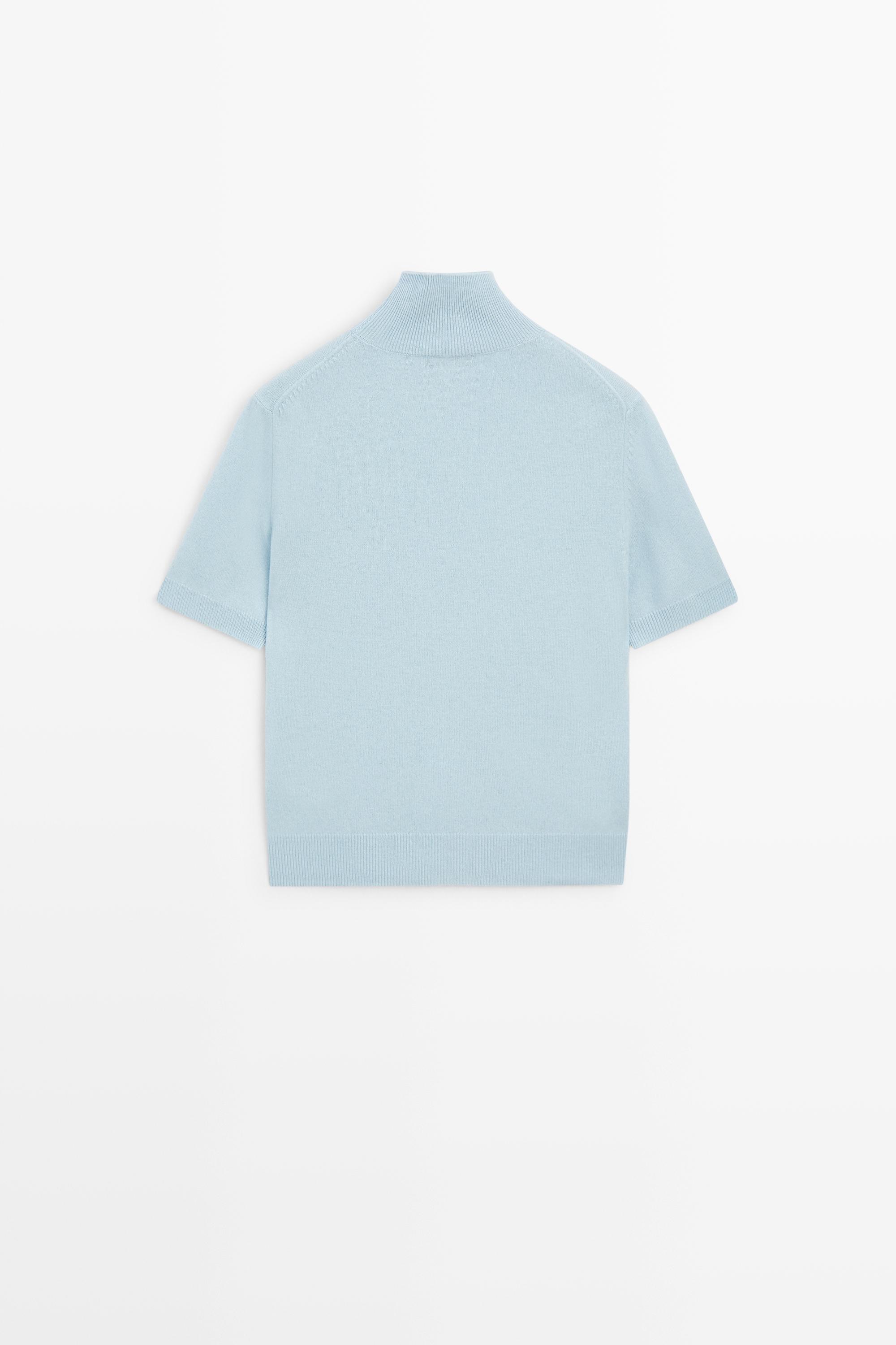 Wool-cashmere blend short sleeve knit sweater — SKY BLUE
