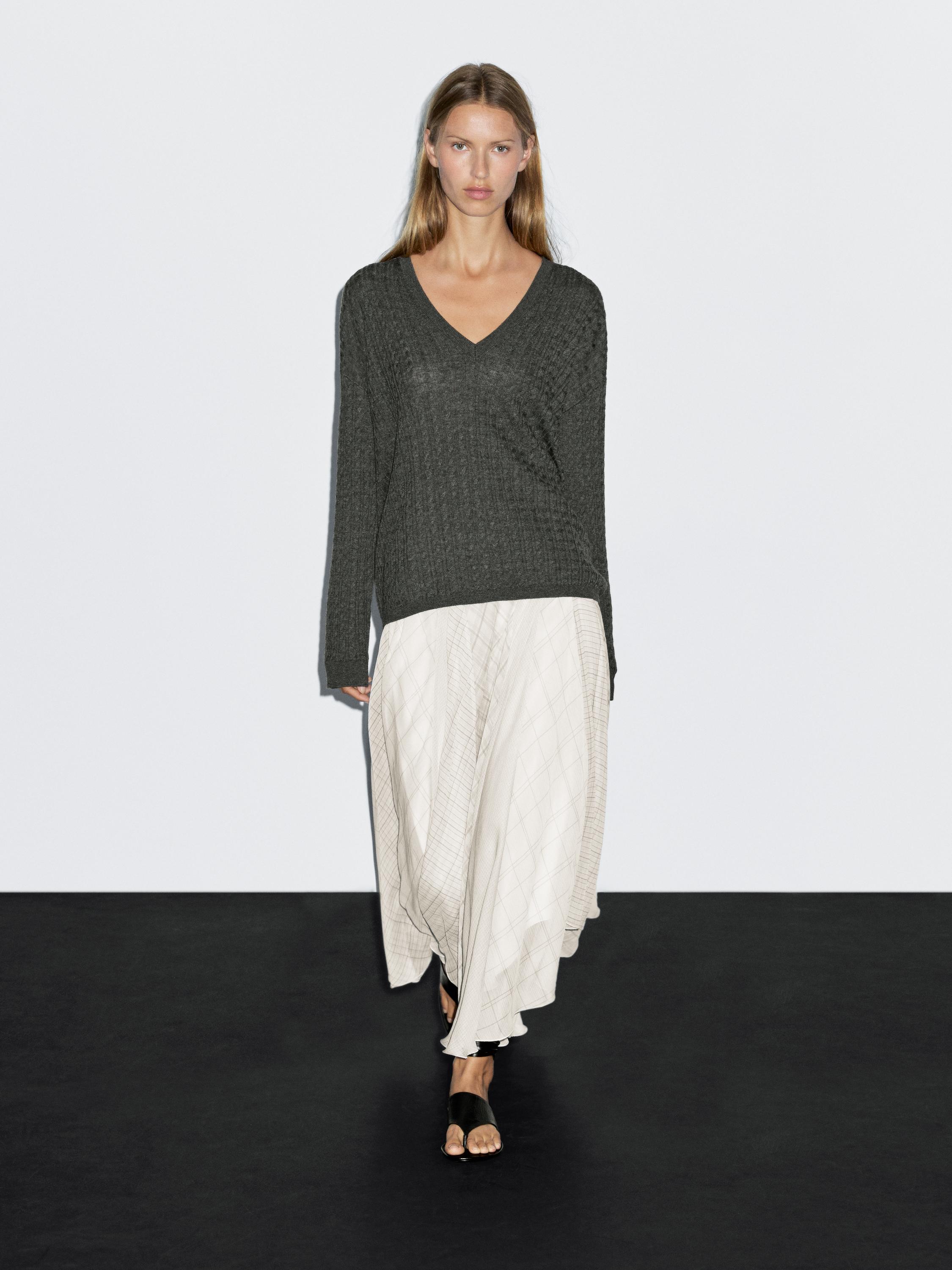 Asymmetric check midi skirt