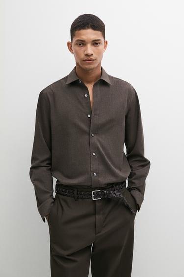 100% cotton regular fit melange twill shirt — MOLE BROWN 3