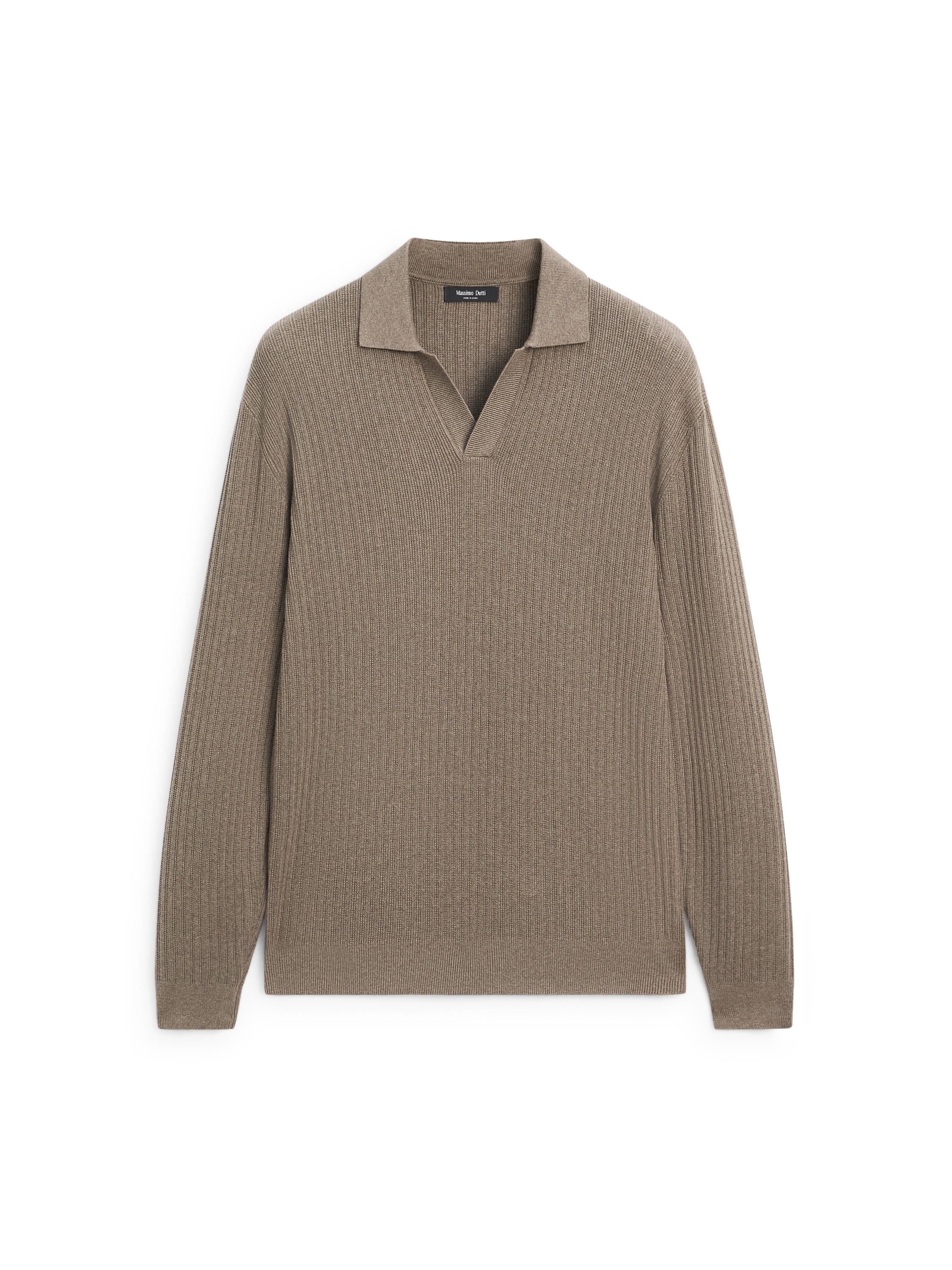 Cotton blend knit polo sweater — KHAKI