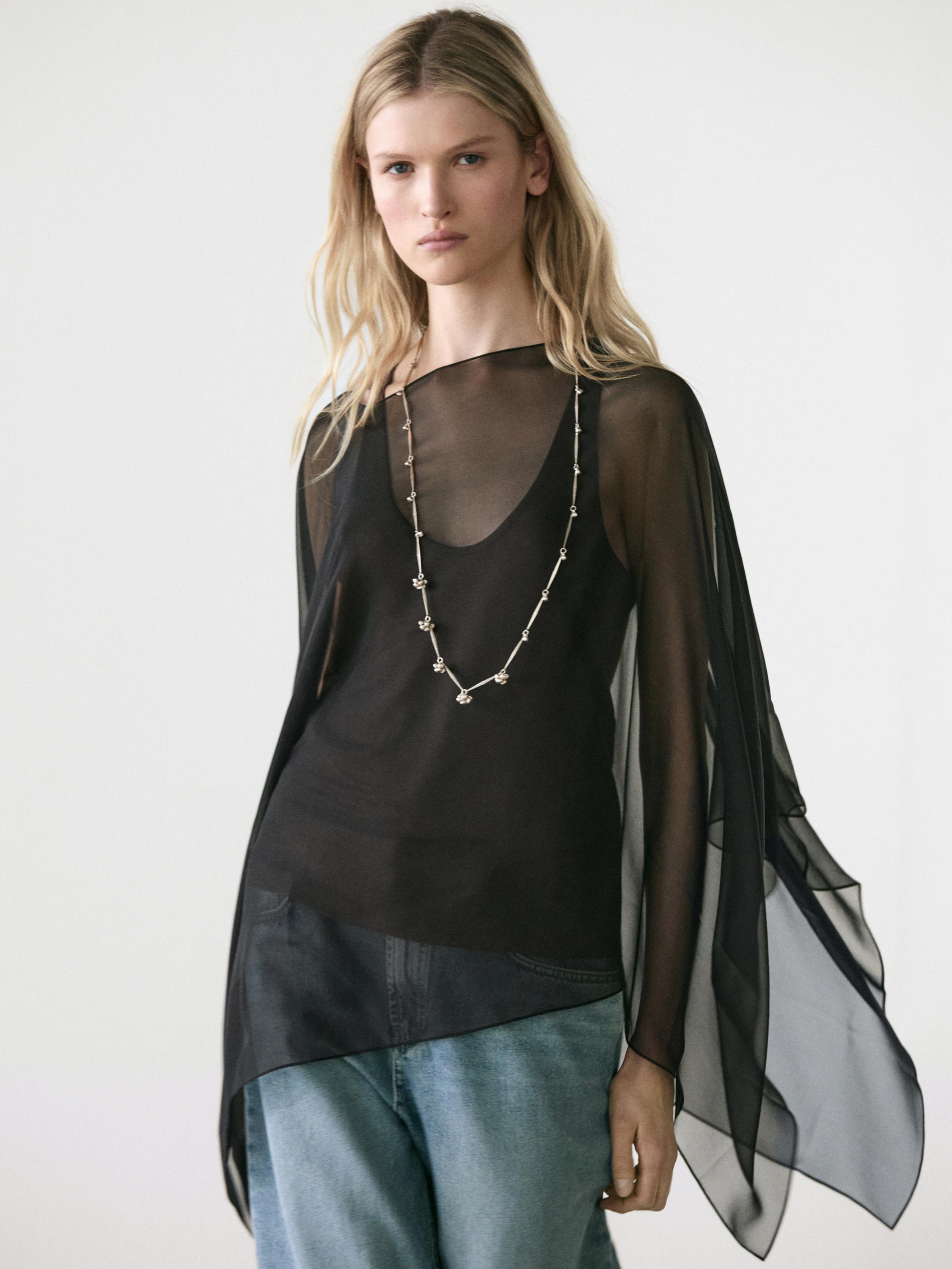 Asymmetric cut silk cape — BLACK
