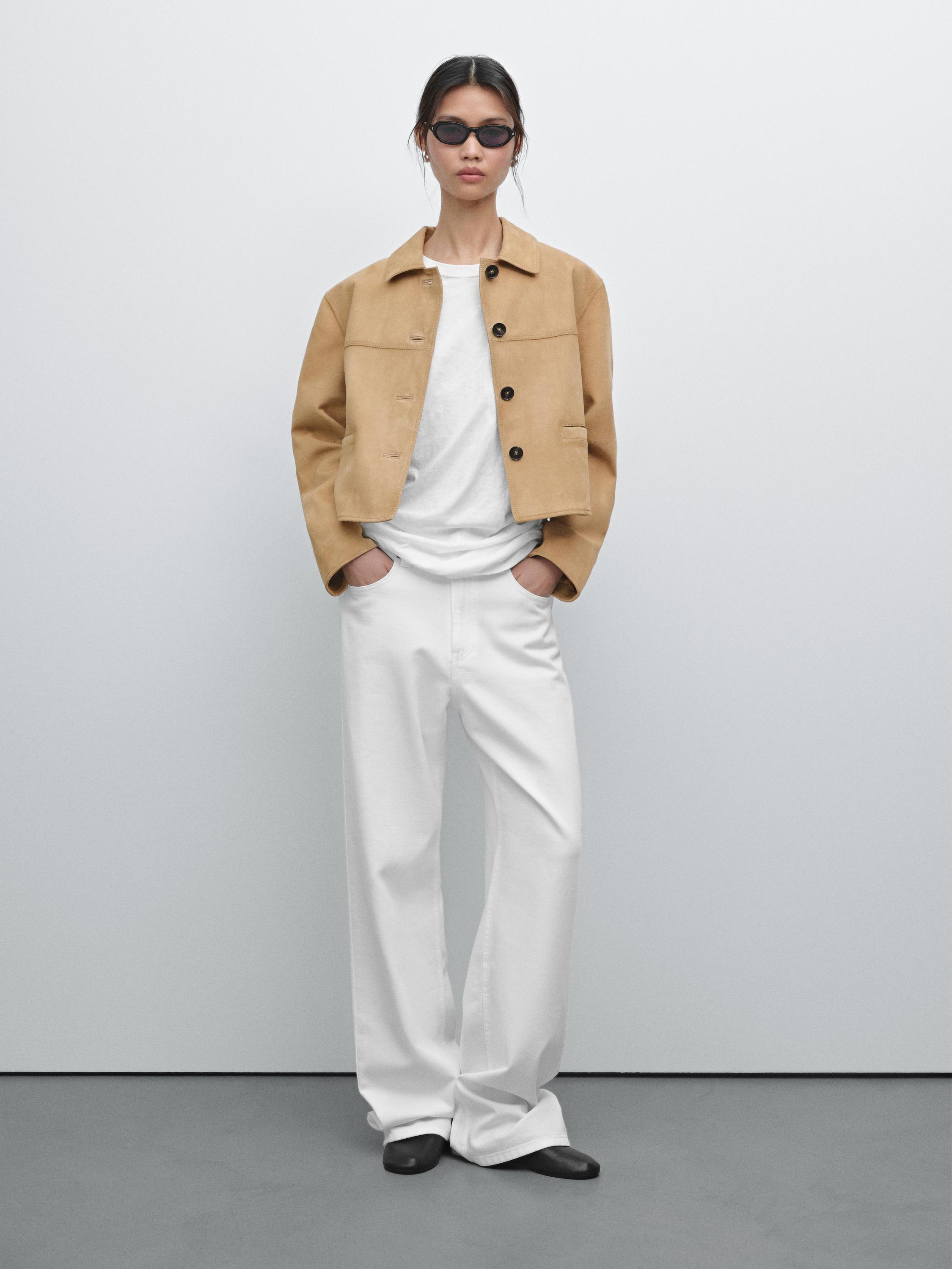 Veste courte à surpiqûres en cuir effet daim · Sable · Sacs Et