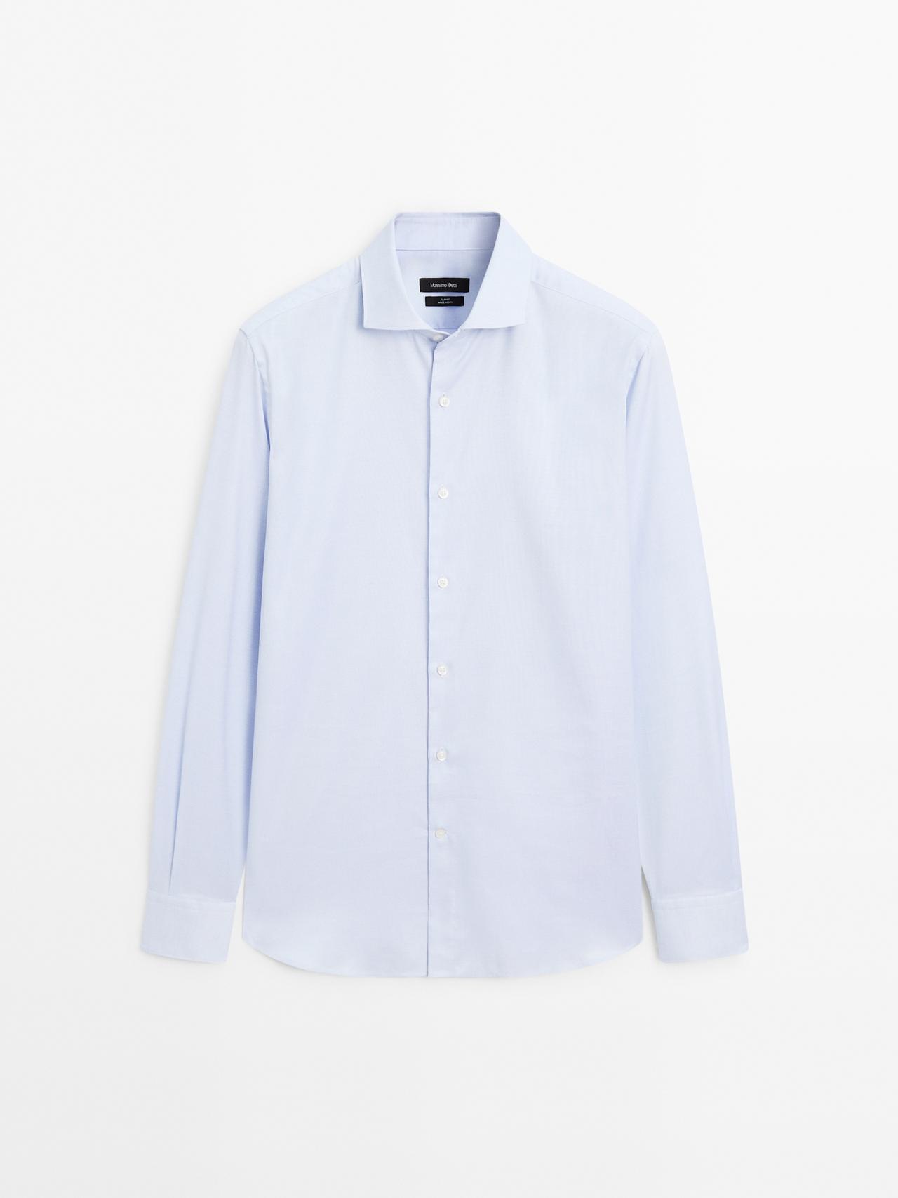 Massimo Dutti - Heren - Katoenen Overhemd Met Microstructuur Slim Fit - Hemelsblauw - 42