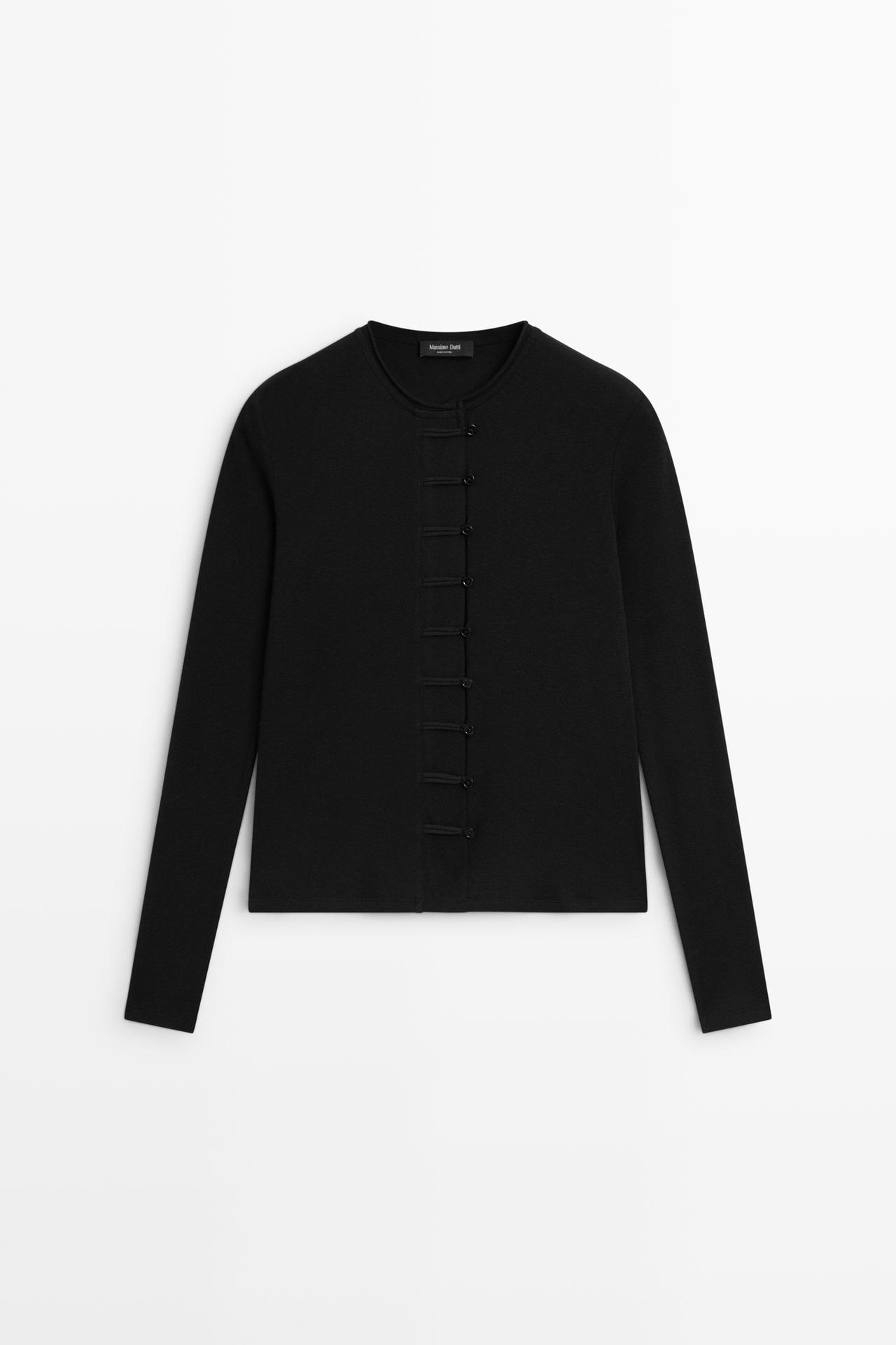 Cotton blend T-shirt with button detail — BLACK