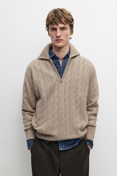 Cable knit mock neck sweater — STONE 3