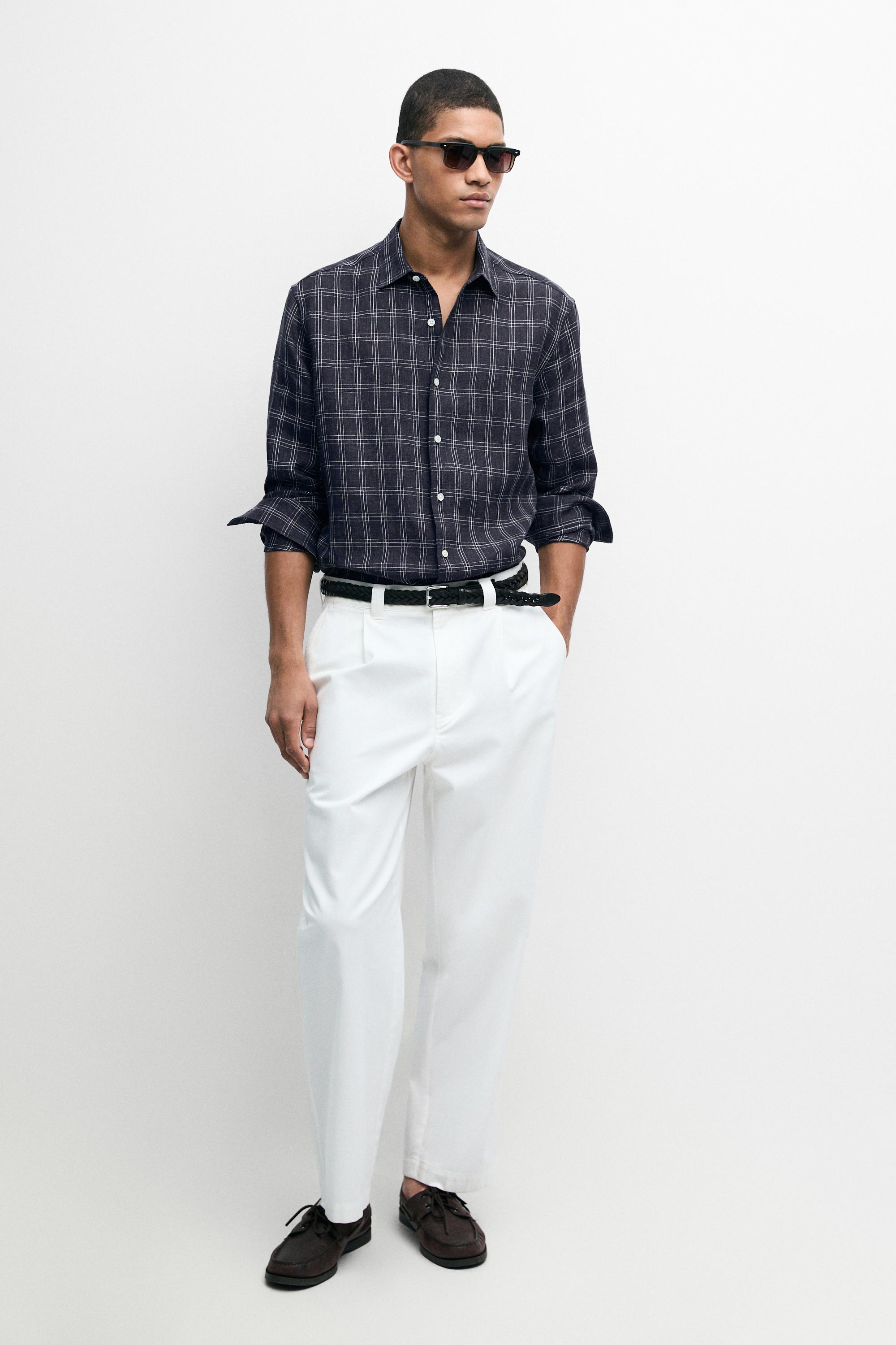 100% linen regular fit check shirt — DARK BLUE