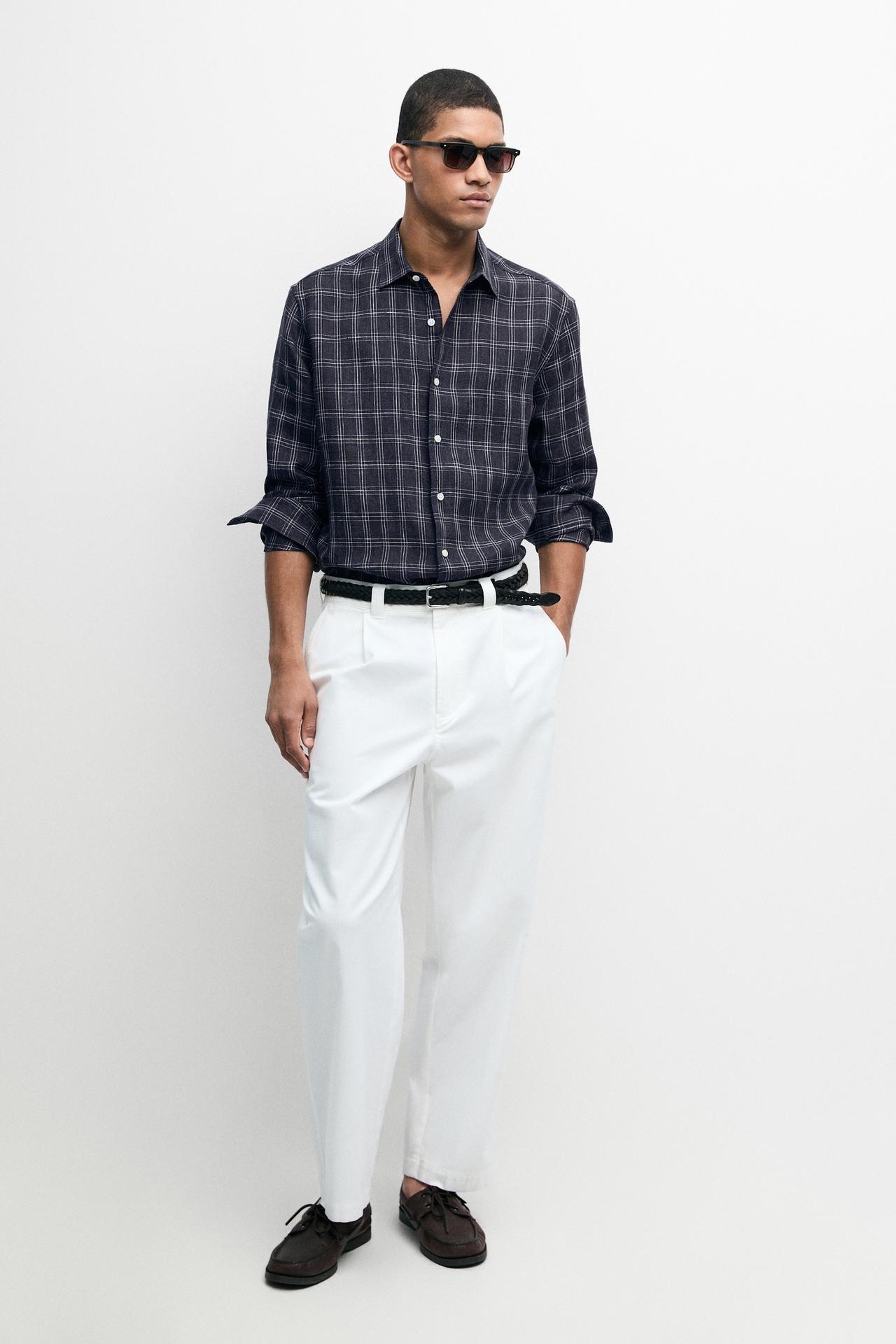 100% linen regular fit check shirt — DARK BLUE
