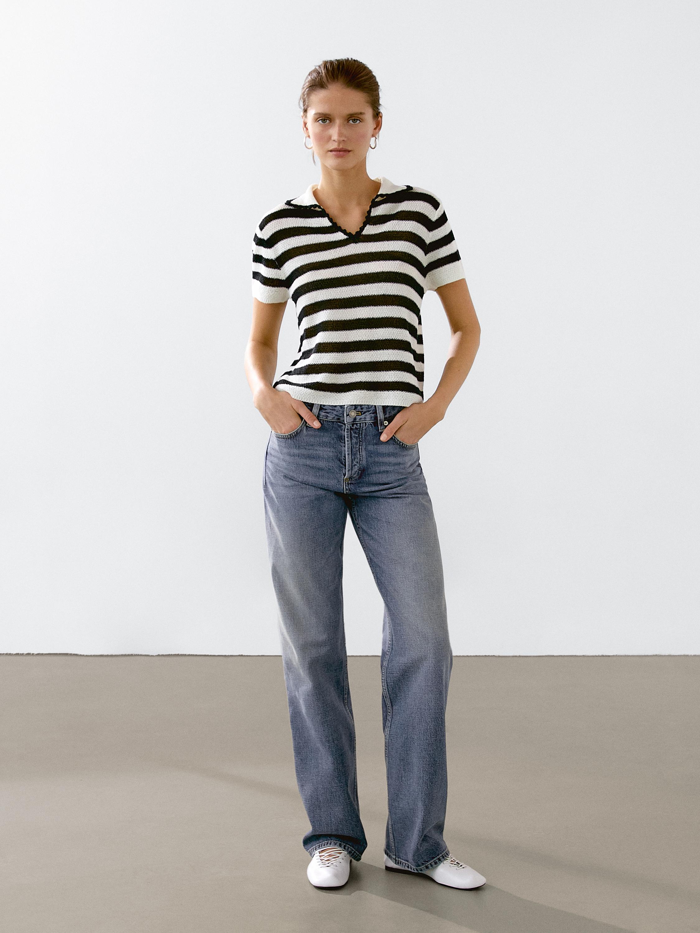 Striped cotton blend polo sweater