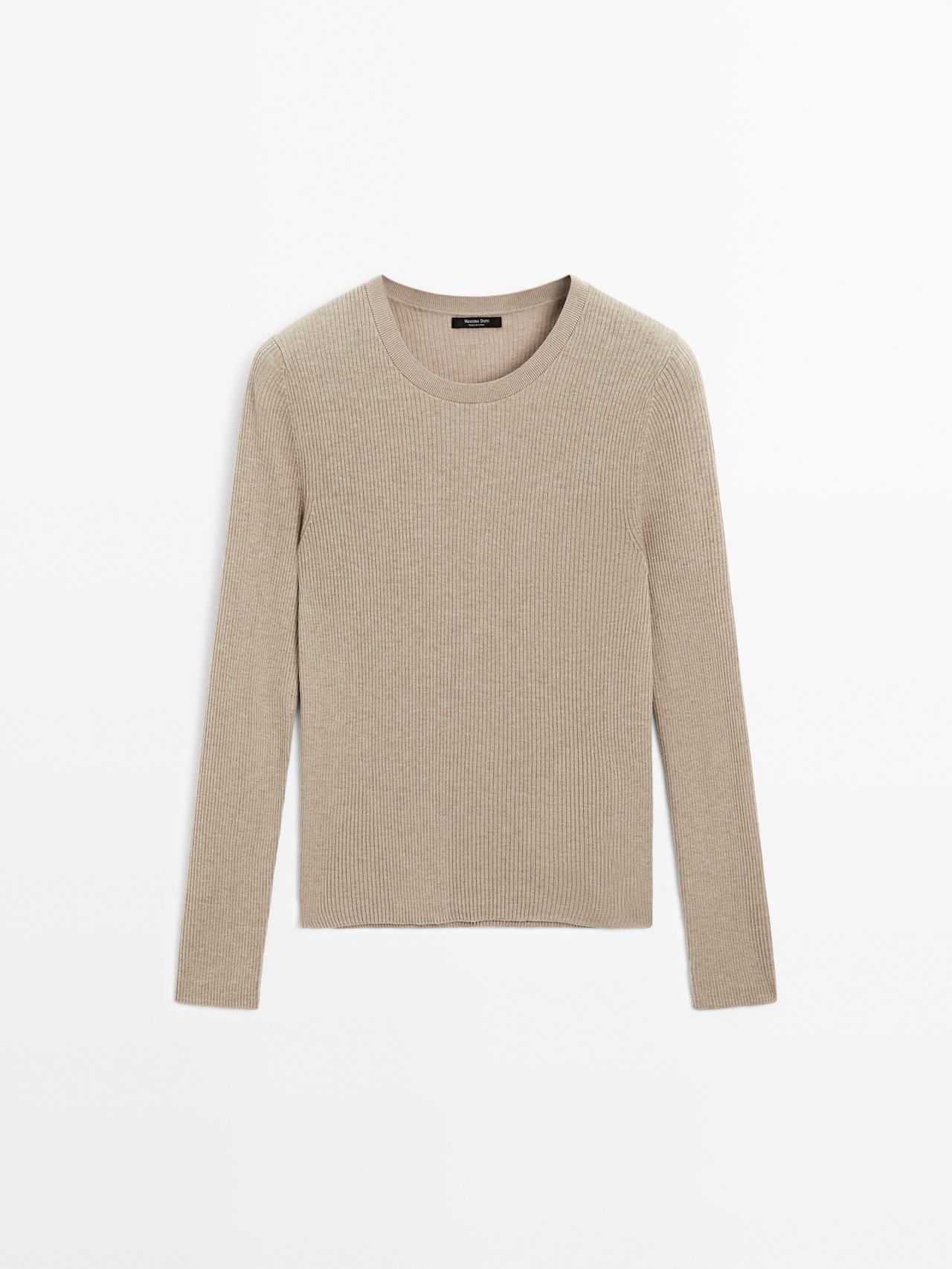 Massimo Dutti - Dame - Trøje I Ribstrikket Uldblanding - Mink - M