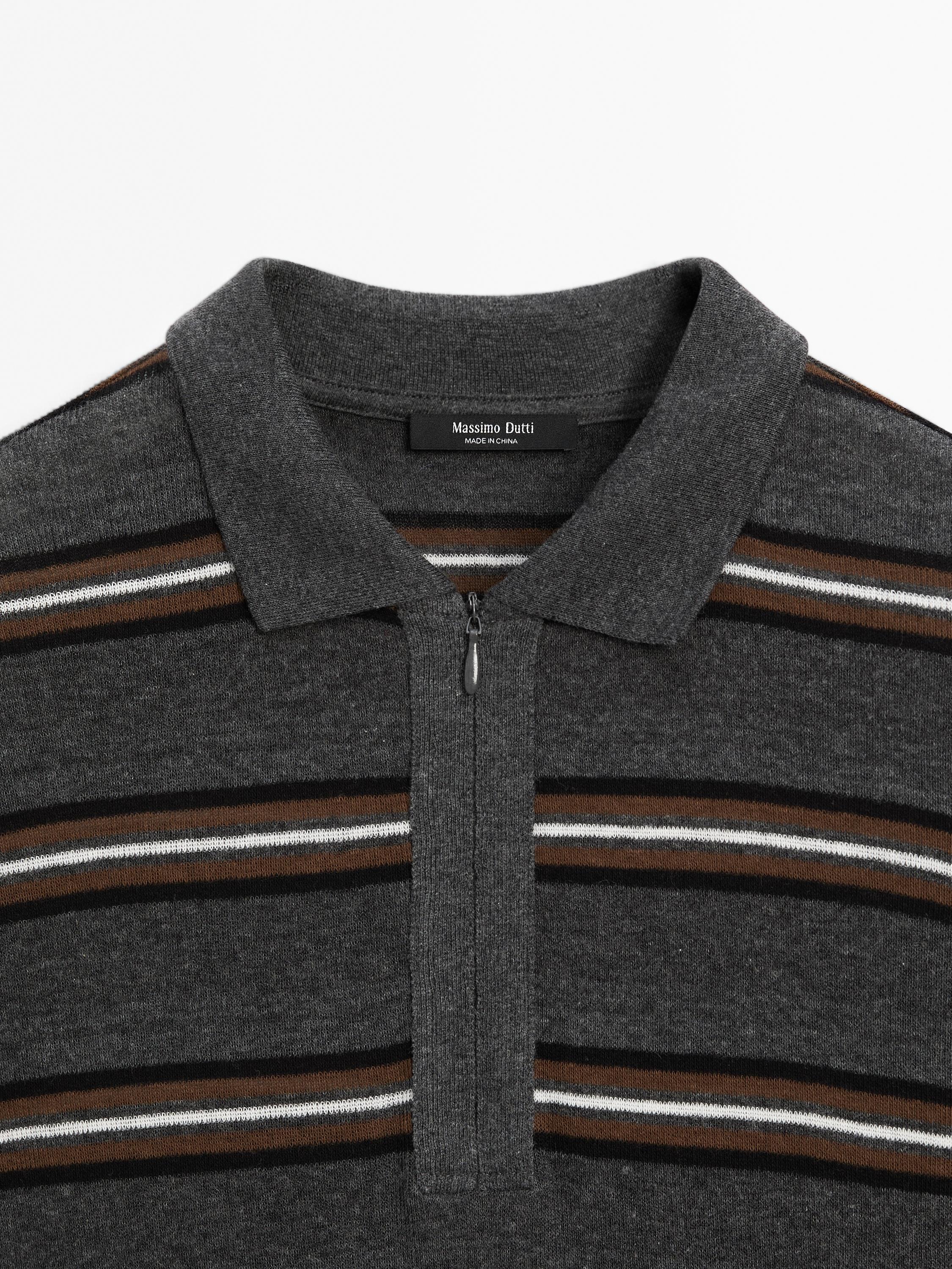 Striped knit sweater with polo collar