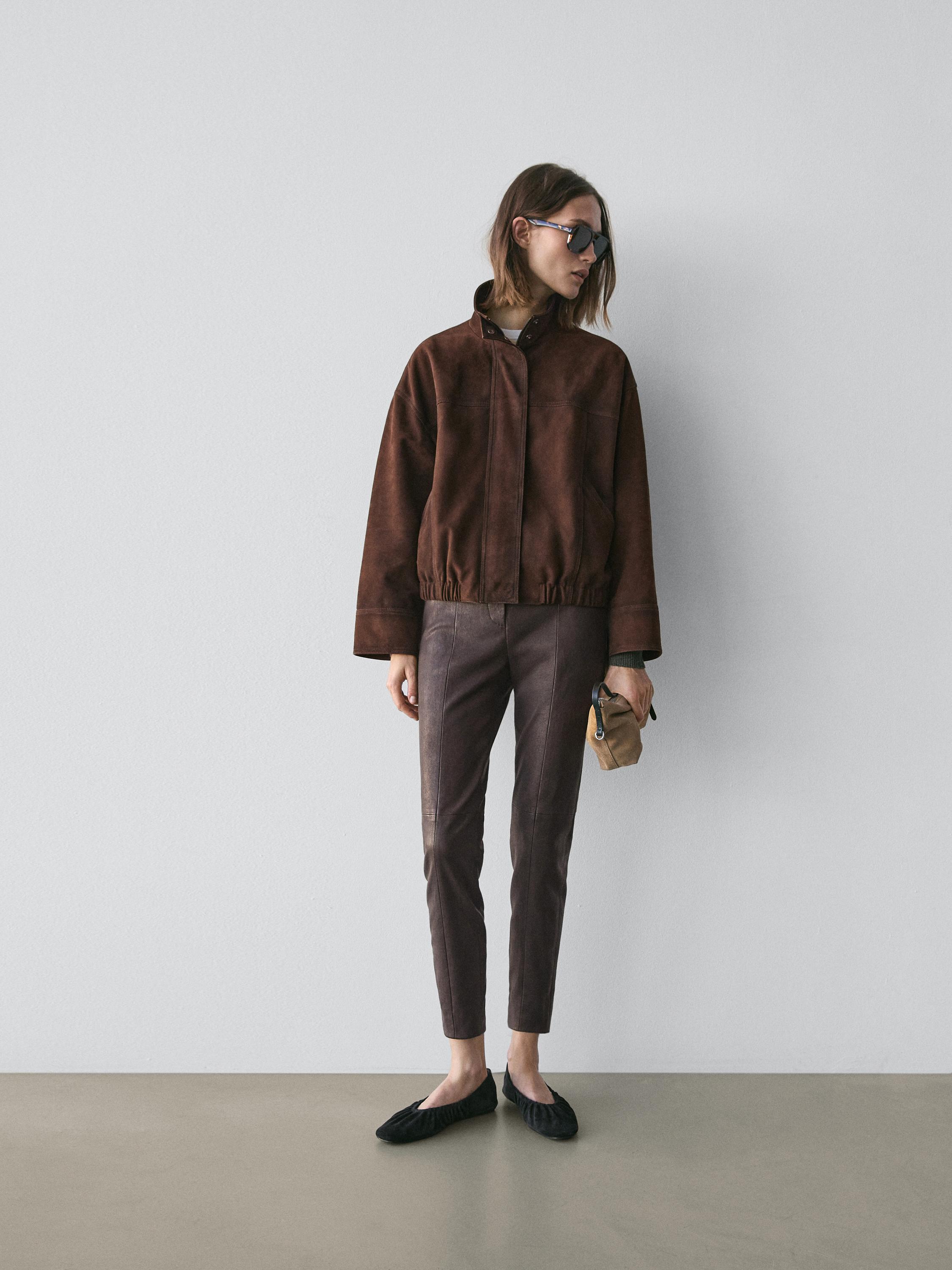 Nappa leather leggings with elasticated detail — BROWN